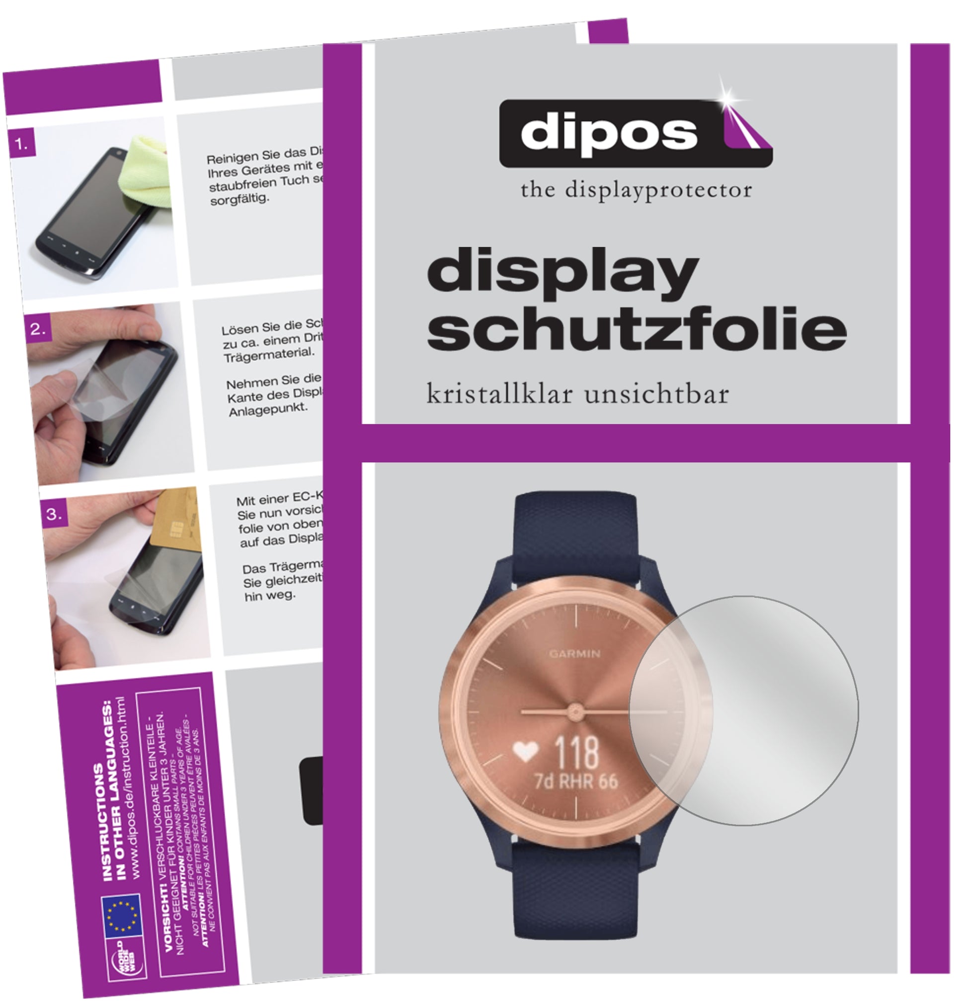 Klare Displayschutzfolie von dipos passend für Garmin Vivomove 3s, präziser Zuschnitt und blasenfrei montiert