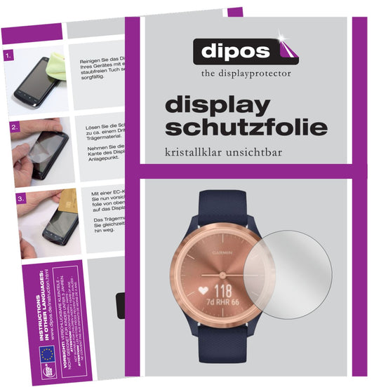 Klare Displayschutzfolie von dipos passend für Garmin Vivomove 3s, präziser Zuschnitt und blasenfrei montiert