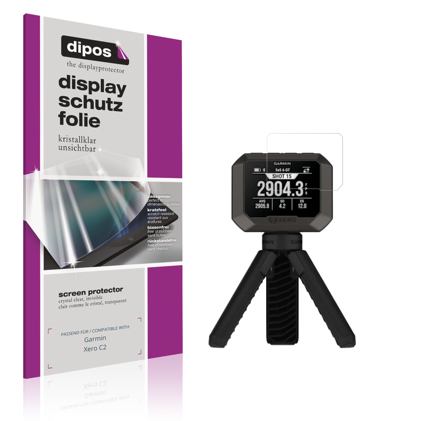 Klare Displayschutzfolie von dipos passend für Garmin Xero C2, präziser Zuschnitt und blasenfrei montiert