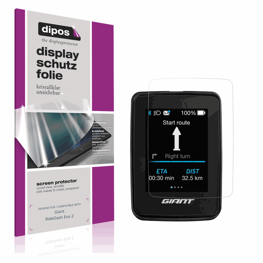 Klare Displayschutzfolie von dipos passend für Giant RideDash Evo 2, präziser Zuschnitt und blasenfrei montiert