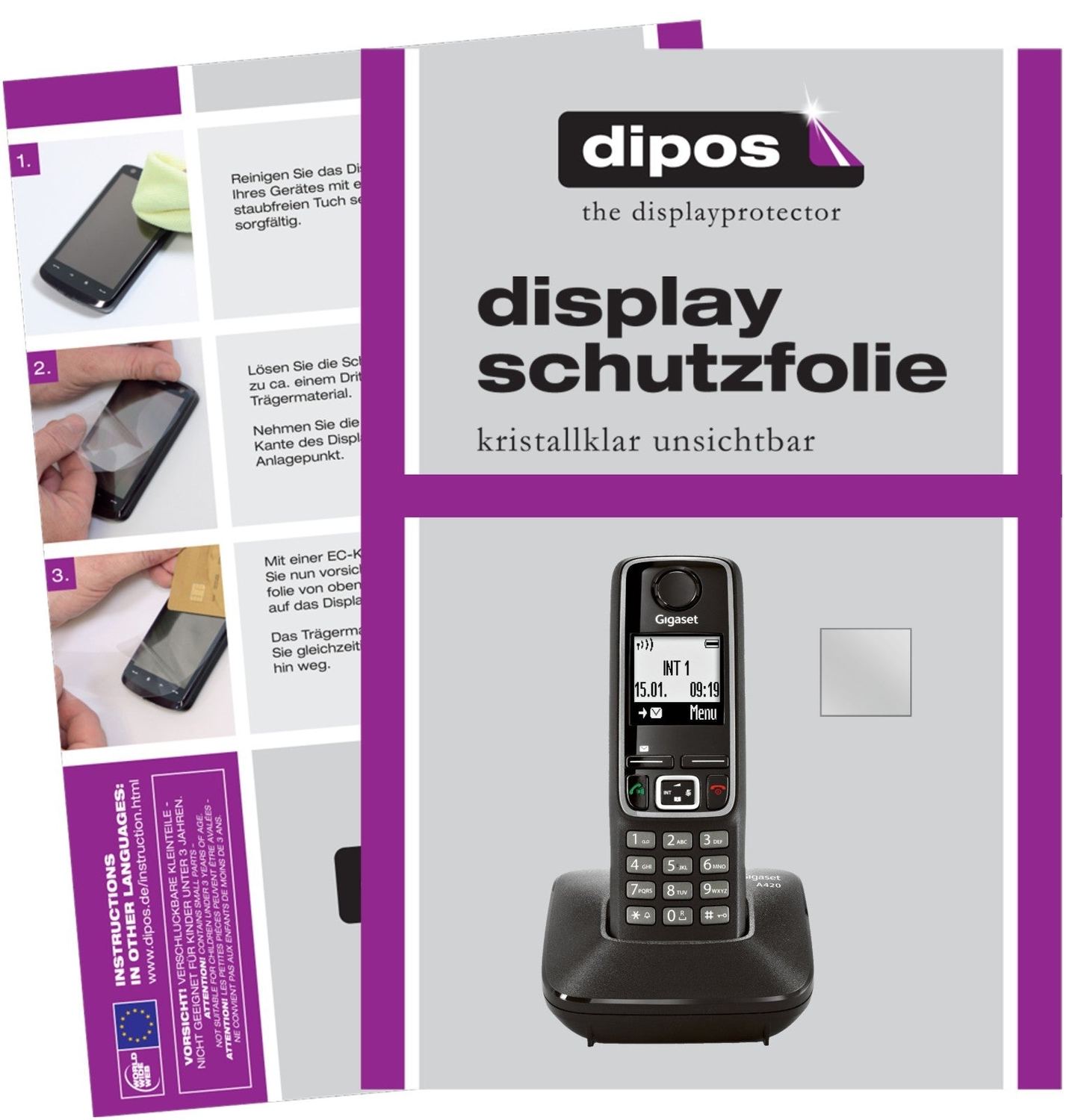 Klare Displayschutzfolie von dipos passend für Gigaset A420 / A420A, präziser Zuschnitt und blasenfrei montiert