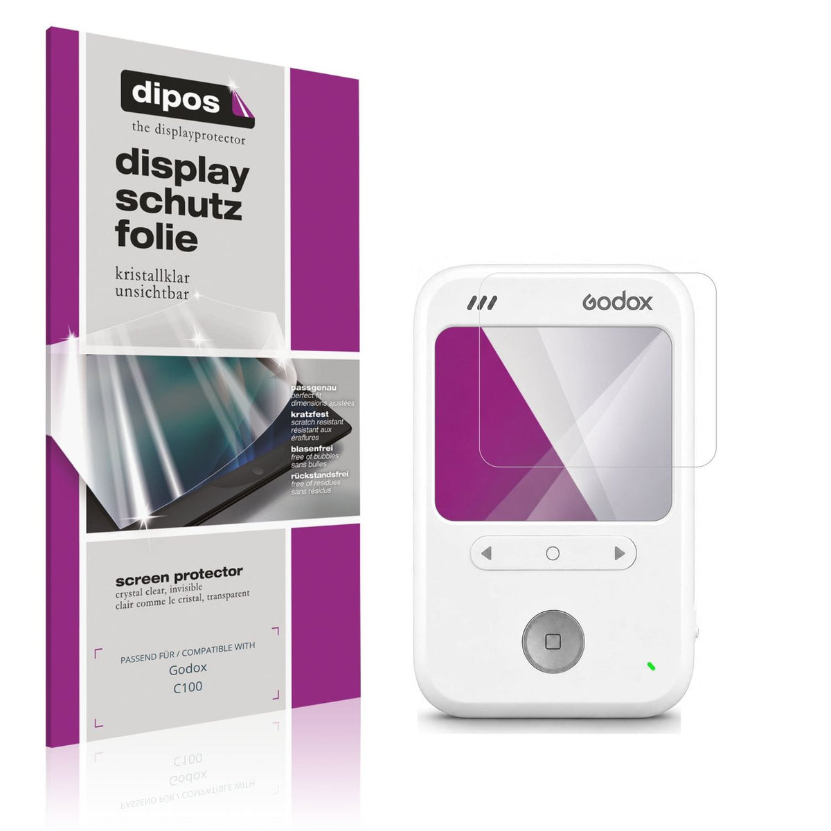 Klare Displayschutzfolie von dipos passend für Godox C100, präziser Zuschnitt und blasenfrei montiert