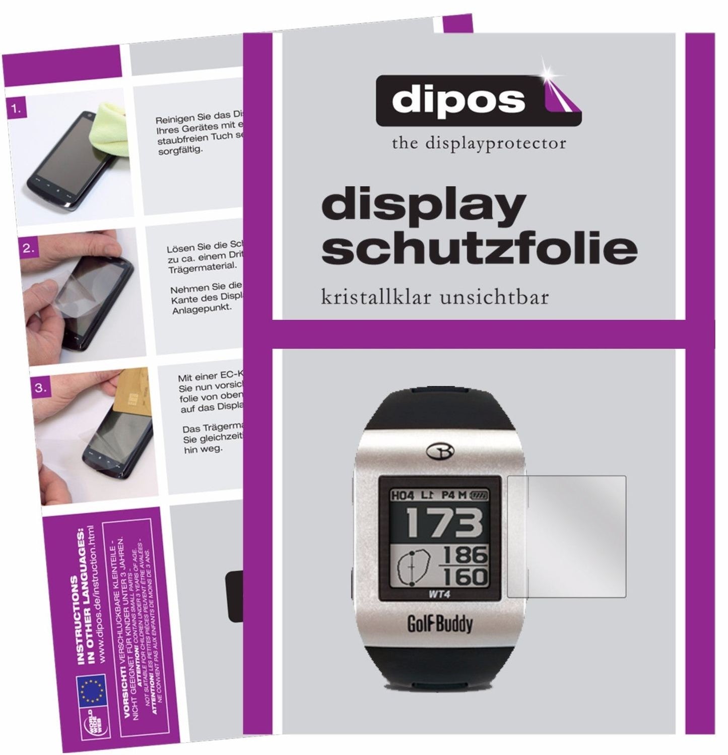 Klare Displayschutzfolie von dipos passend für Golfbuddy WT4, präziser Zuschnitt und blasenfrei montiert