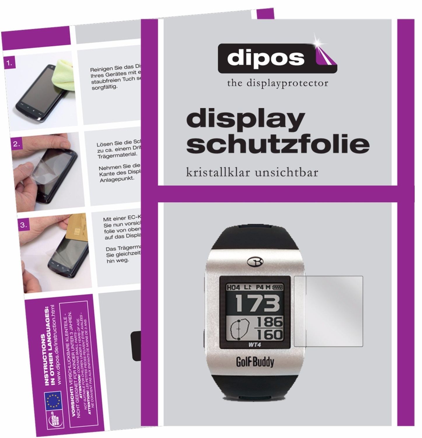 Klare Displayschutzfolie von dipos passend für Golfbuddy WT4, präziser Zuschnitt und blasenfrei montiert