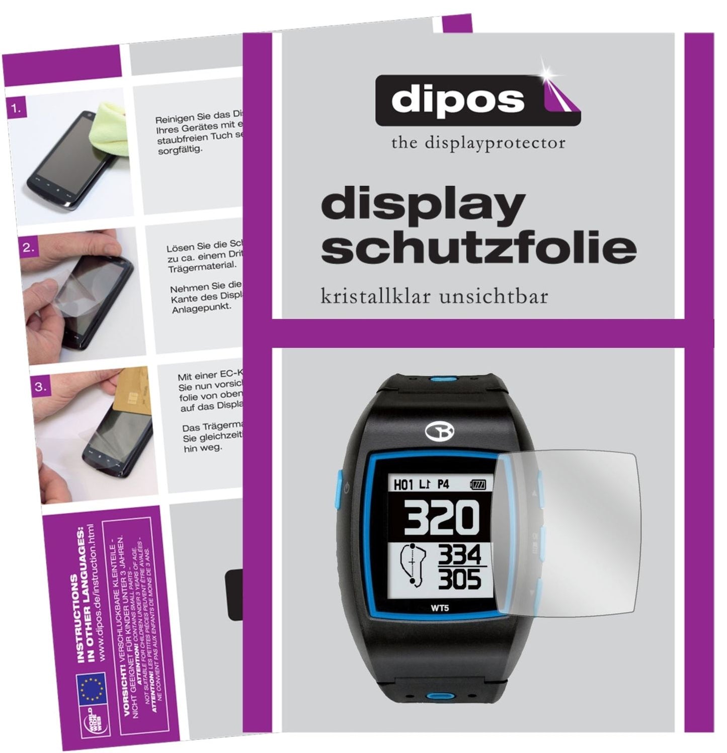 Klare Displayschutzfolie von dipos passend für Golfbuddy WT5, präziser Zuschnitt und blasenfrei montiert