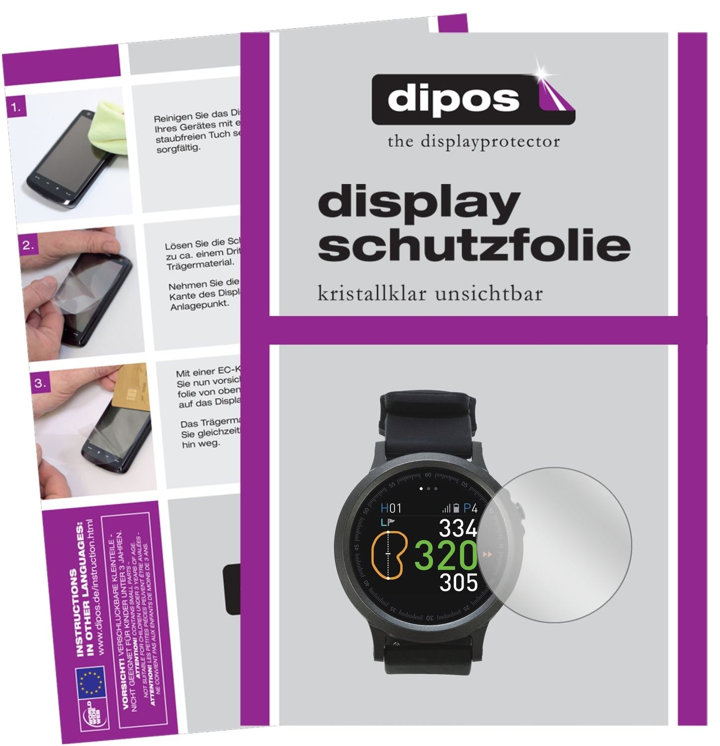Klare Displayschutzfolie von dipos passend für Golfbuddy WTX, präziser Zuschnitt und blasenfrei montiert