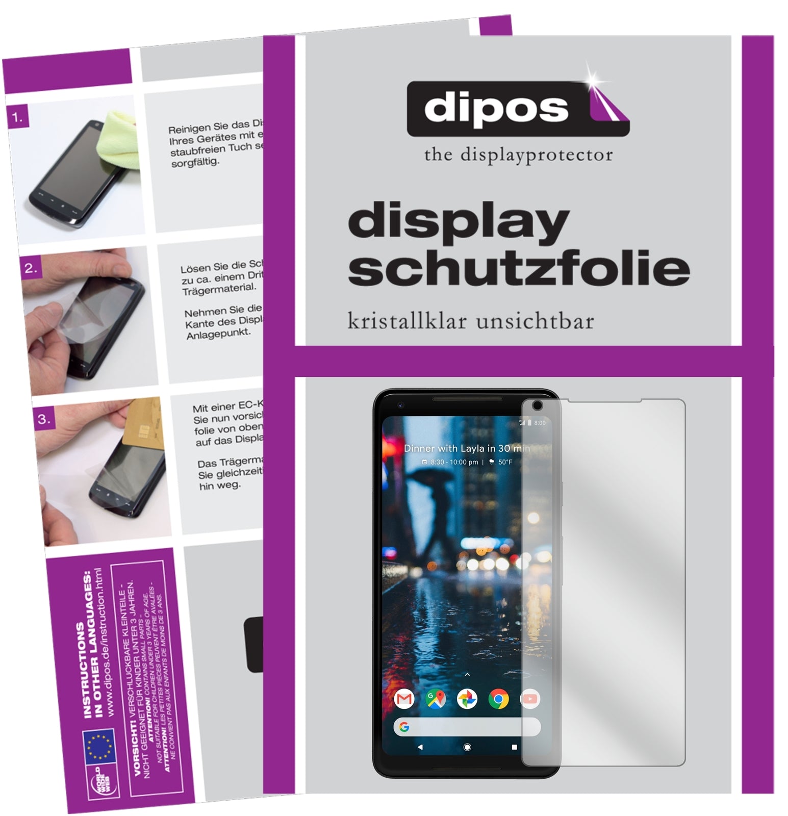 Klare Displayschutzfolie von dipos passend für Google Pixel 2 XL, präziser Zuschnitt und blasenfrei montiert