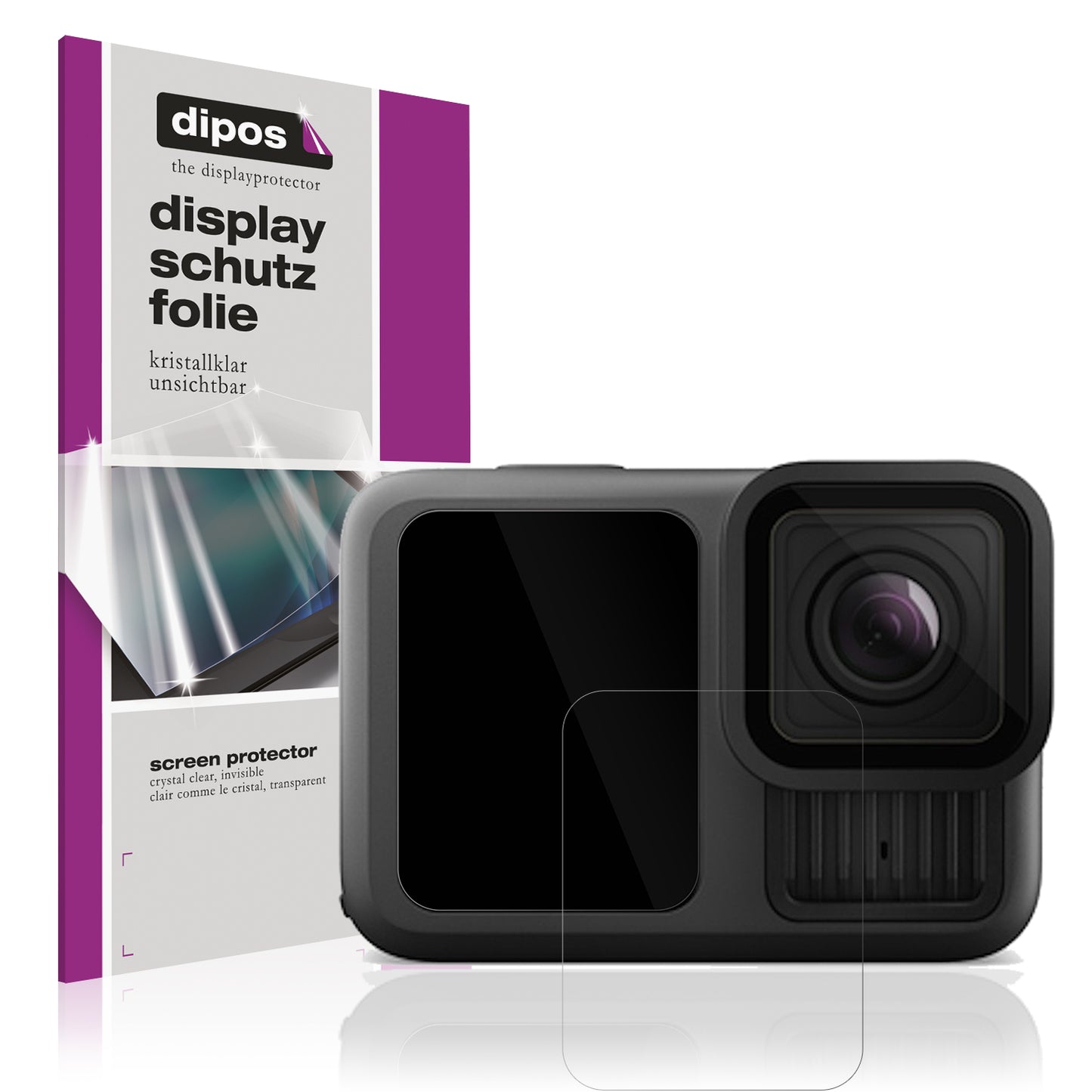 Klare Displayschutzfolie von dipos passend für GoPro Hero 13, präziser Zuschnitt und blasenfrei montiert