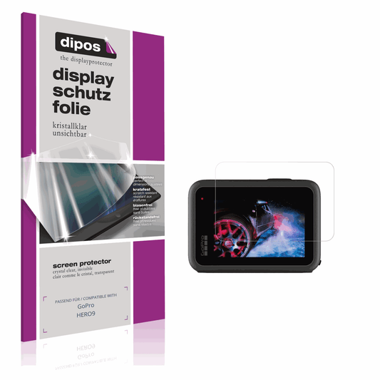 Klare Displayschutzfolie von dipos passend für GoPro HERO9, präziser Zuschnitt und blasenfrei montiert