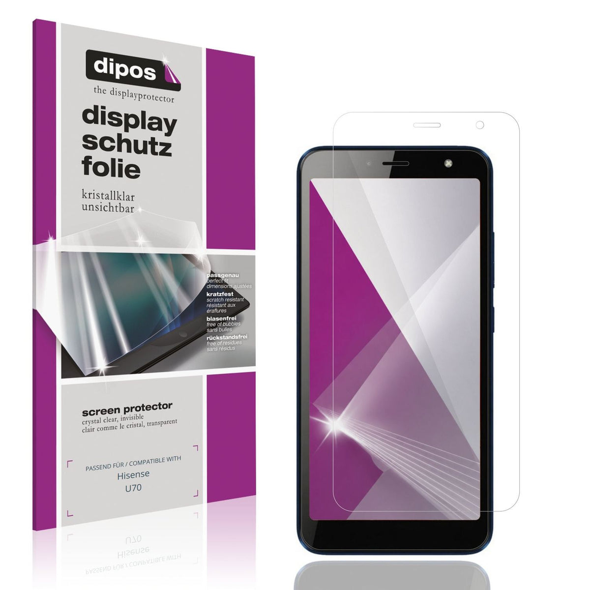 Klare Displayschutzfolie von dipos passend für Hisense U70, präziser Zuschnitt und blasenfrei montiert