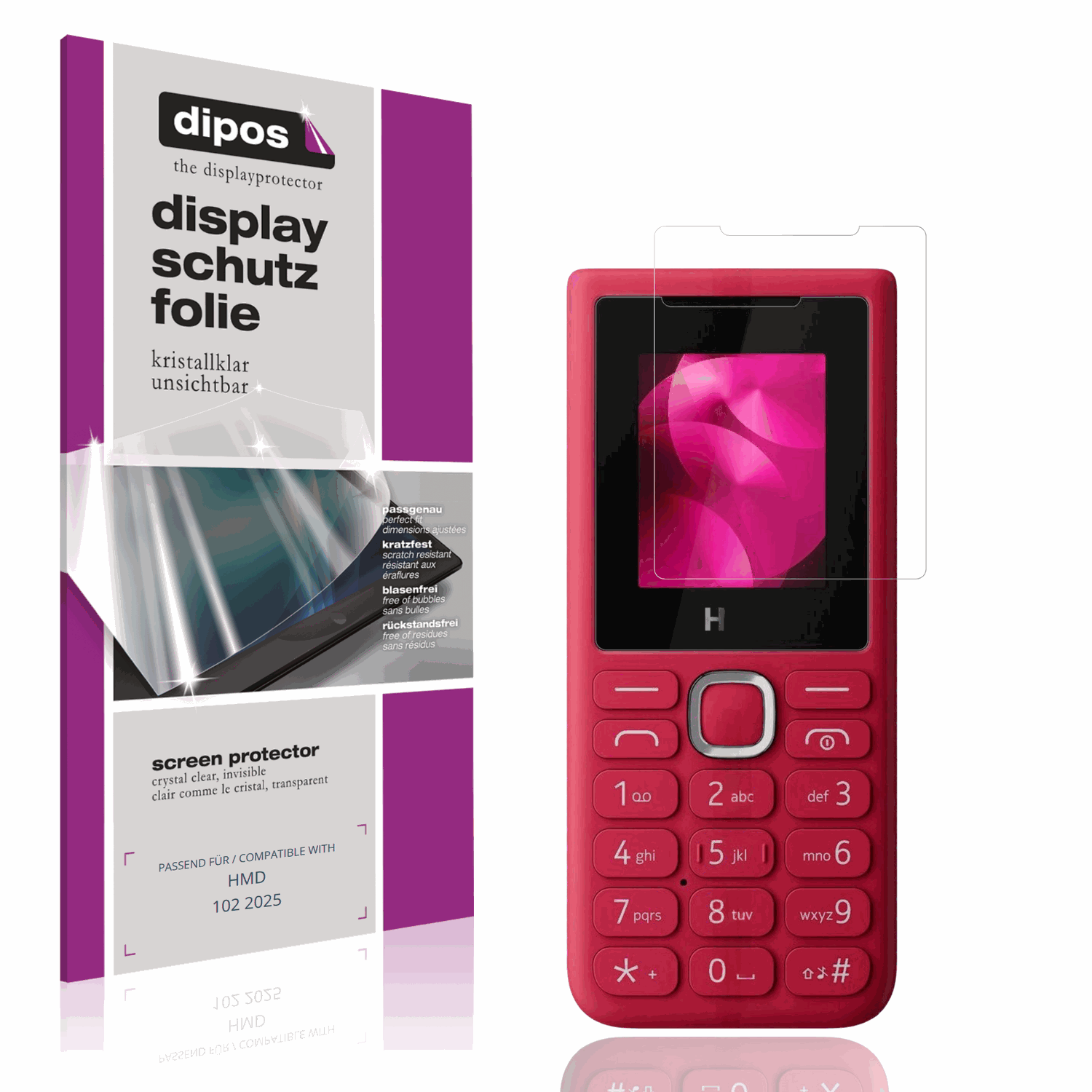 Klare Displayschutzfolie von dipos passend für HMD 102 2025, präziser Zuschnitt und blasenfrei montiert