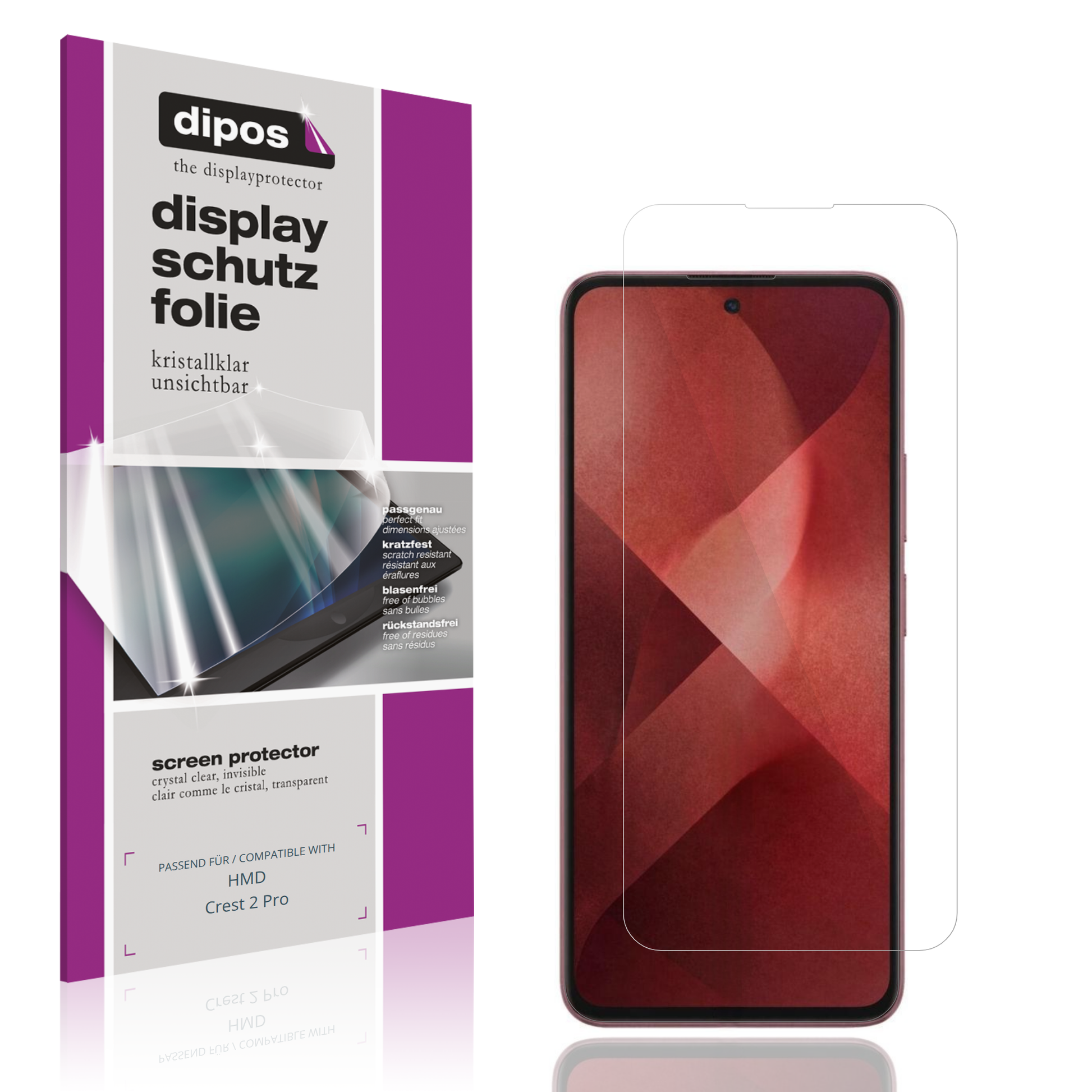Klare Displayschutzfolie von dipos passend für HMD Crest 2 Pro, präziser Zuschnitt und blasenfrei montiert