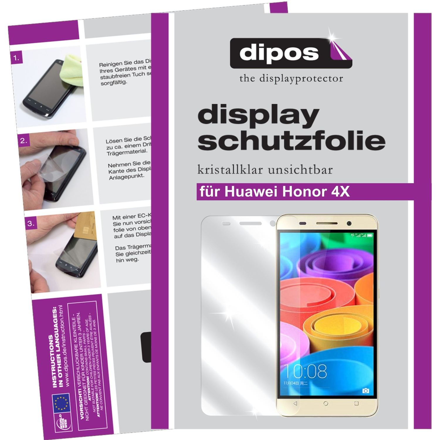 Klare Displayschutzfolie von dipos passend für Honor 4X Huawei, präziser Zuschnitt und blasenfrei montiert