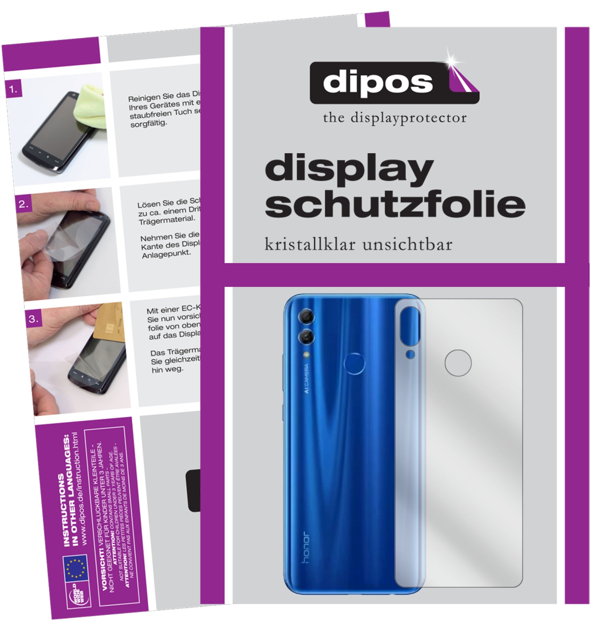 Klare Displayschutzfolie von dipos passend für Honor 10i Rückseite, präziser Zuschnitt und blasenfrei montiert