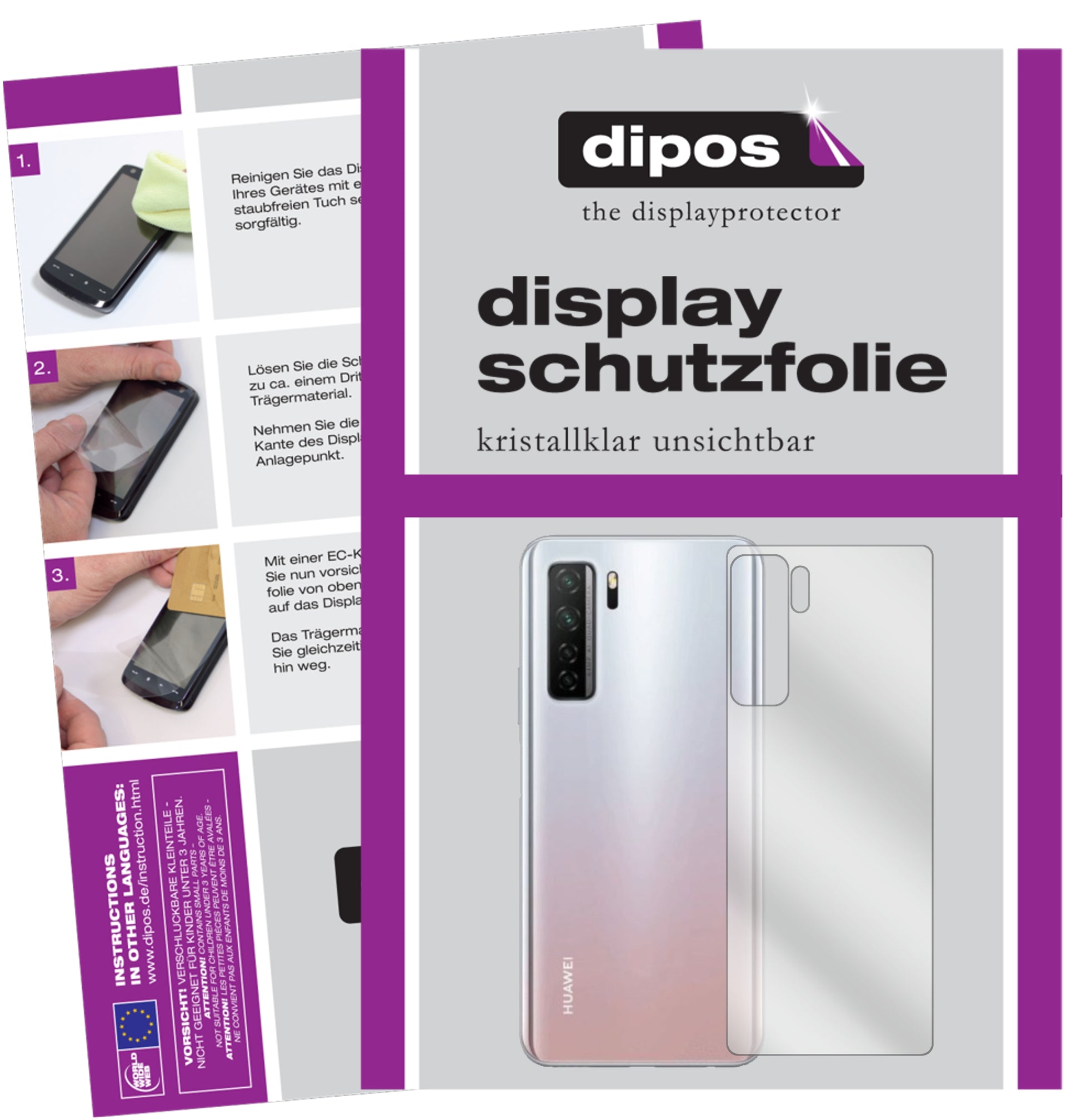 Klare Displayschutzfolie von dipos passend für Huawei nova 7 SE Rückseite, präziser Zuschnitt und blasenfrei montiert