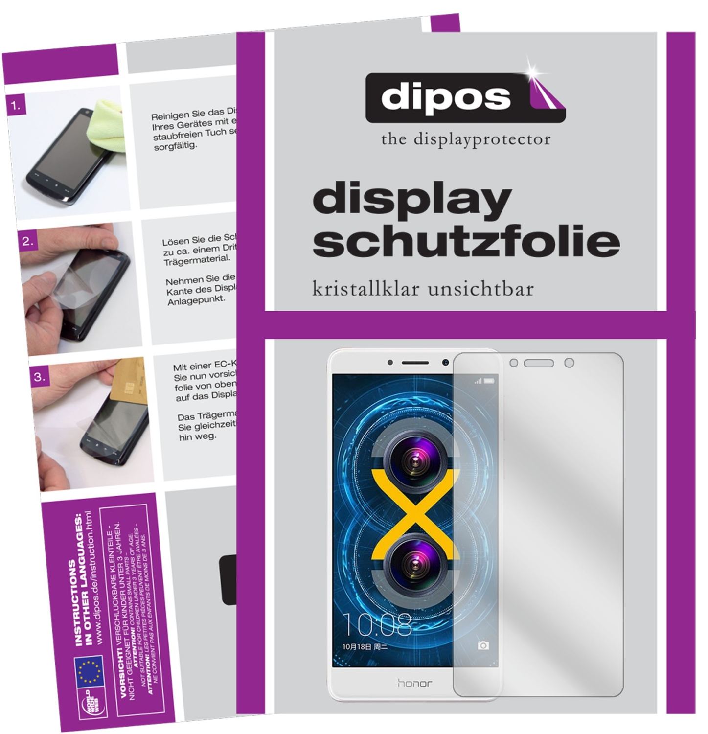 Klare Displayschutzfolie von dipos passend für Honor 6X, präziser Zuschnitt und blasenfrei montiert