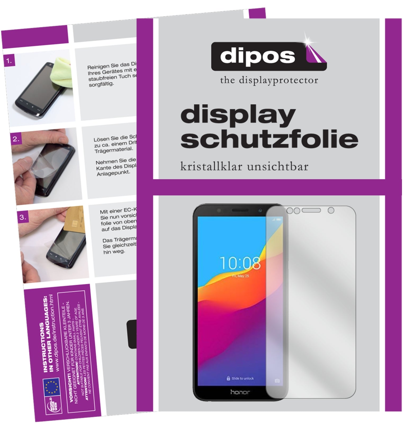 Klare Displayschutzfolie von dipos passend für Honor 7S 51092MPY, präziser Zuschnitt und blasenfrei montiert