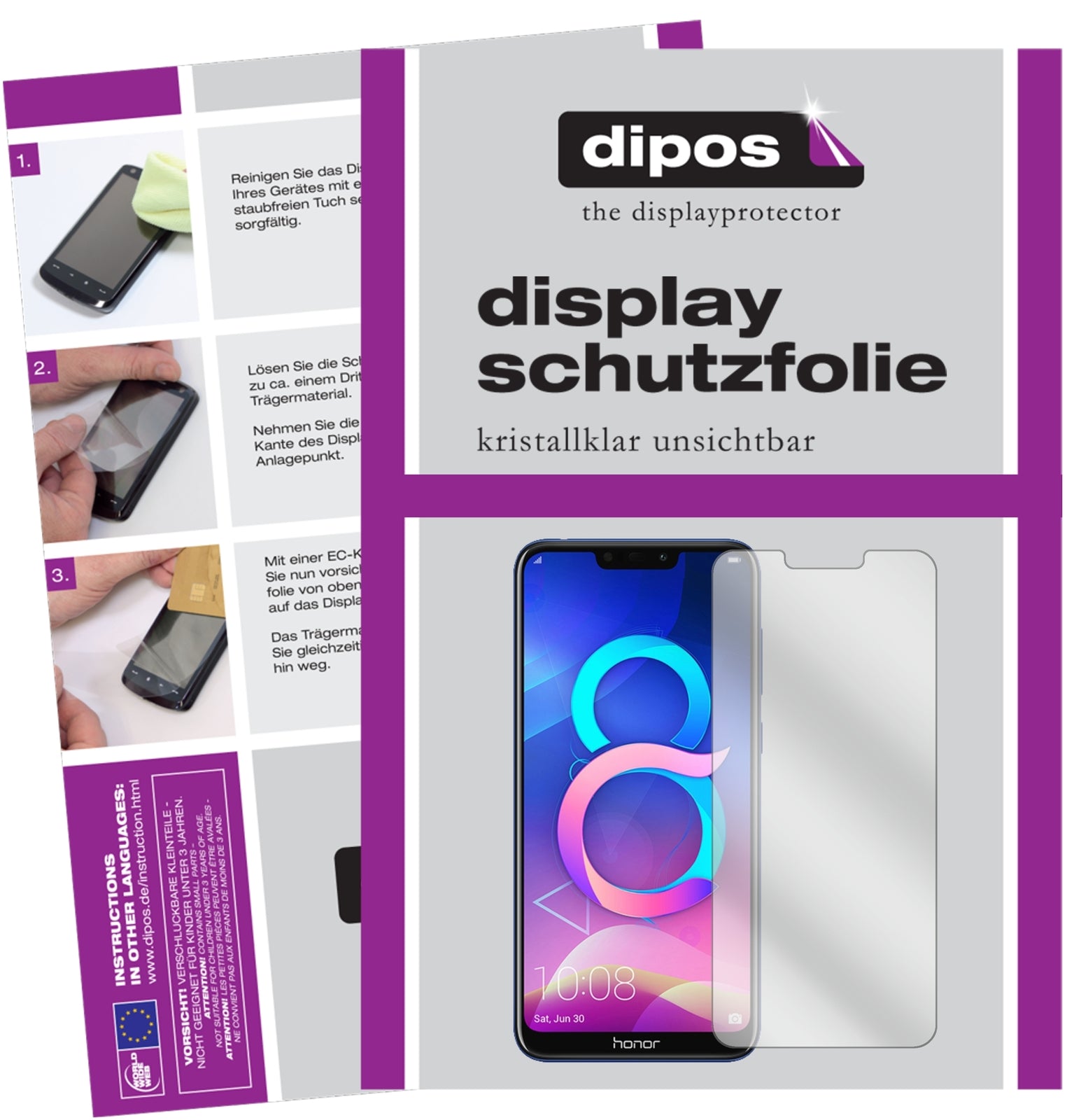Klare Displayschutzfolie von dipos passend für Honor 8C, präziser Zuschnitt und blasenfrei montiert