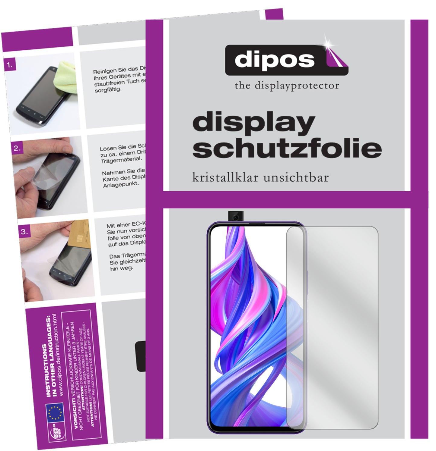 Klare Displayschutzfolie von dipos passend für Honor 9X, präziser Zuschnitt und blasenfrei montiert