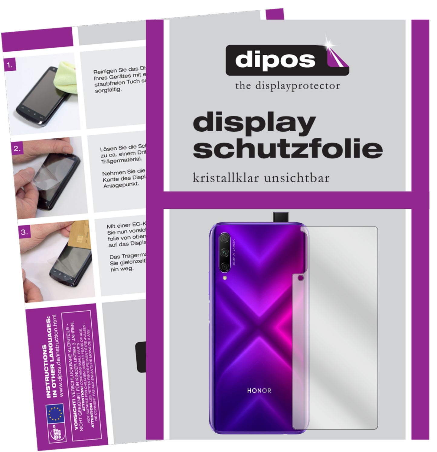 Klare Displayschutzfolie von dipos passend für Honor 9X Rückseite, präziser Zuschnitt und blasenfrei montiert