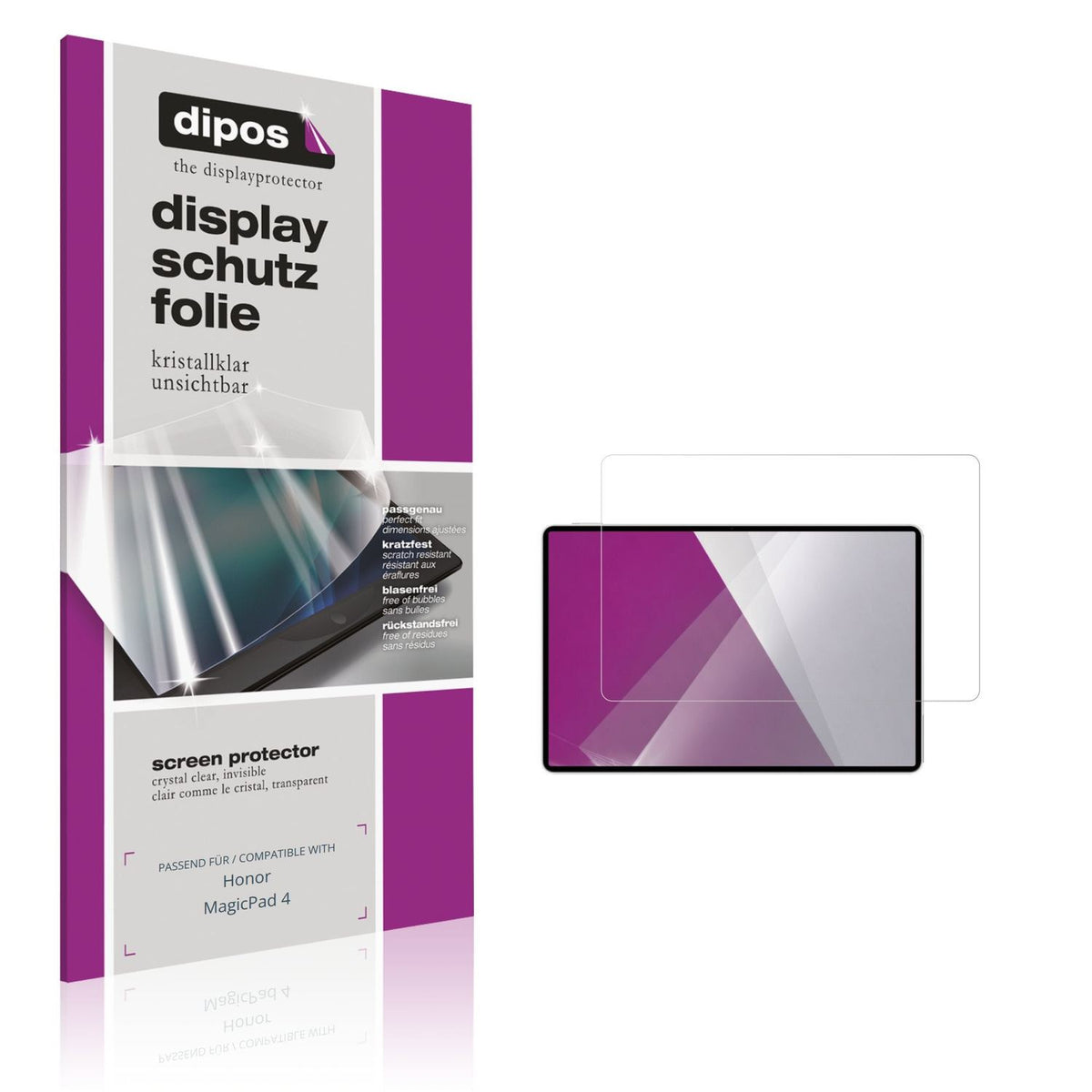 Klare Displayschutzfolie von dipos passend für Honor MagicPad 4, präziser Zuschnitt und blasenfrei montiert