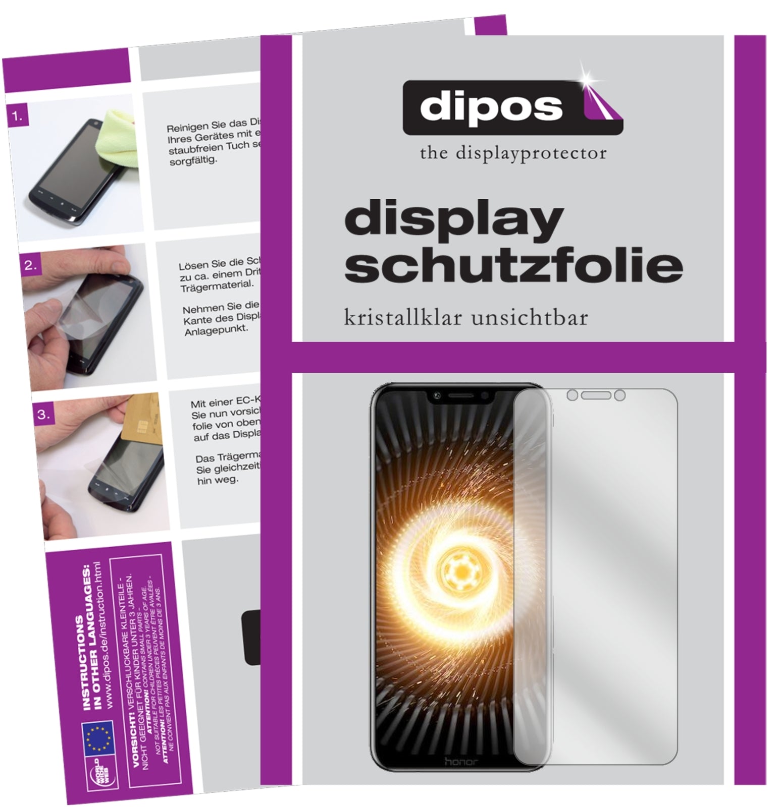 Klare Displayschutzfolie von dipos passend für Honor Play, präziser Zuschnitt und blasenfrei montiert