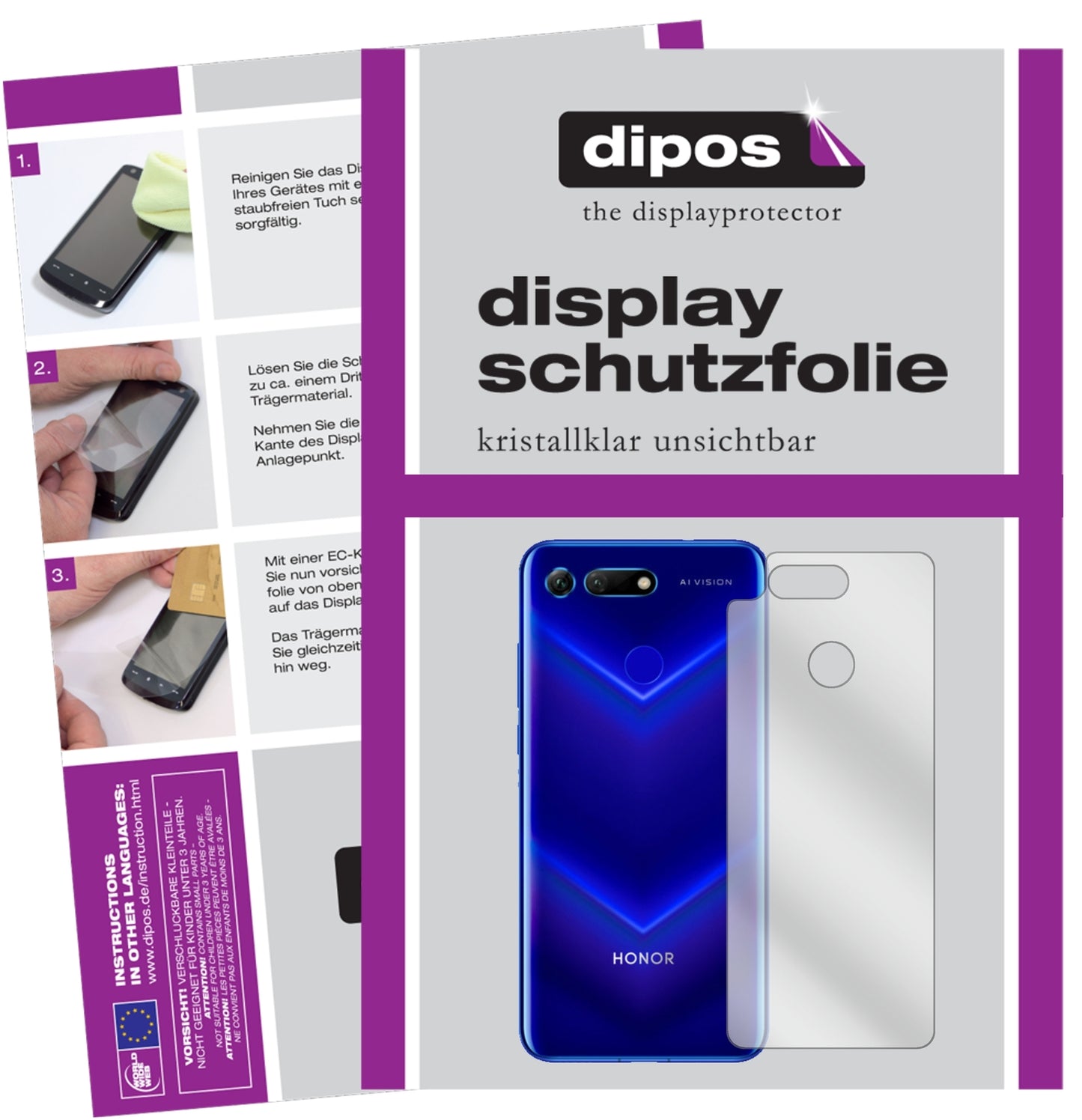 Klare Displayschutzfolie von dipos passend für Honor V20 Rückseite, präziser Zuschnitt und blasenfrei montiert