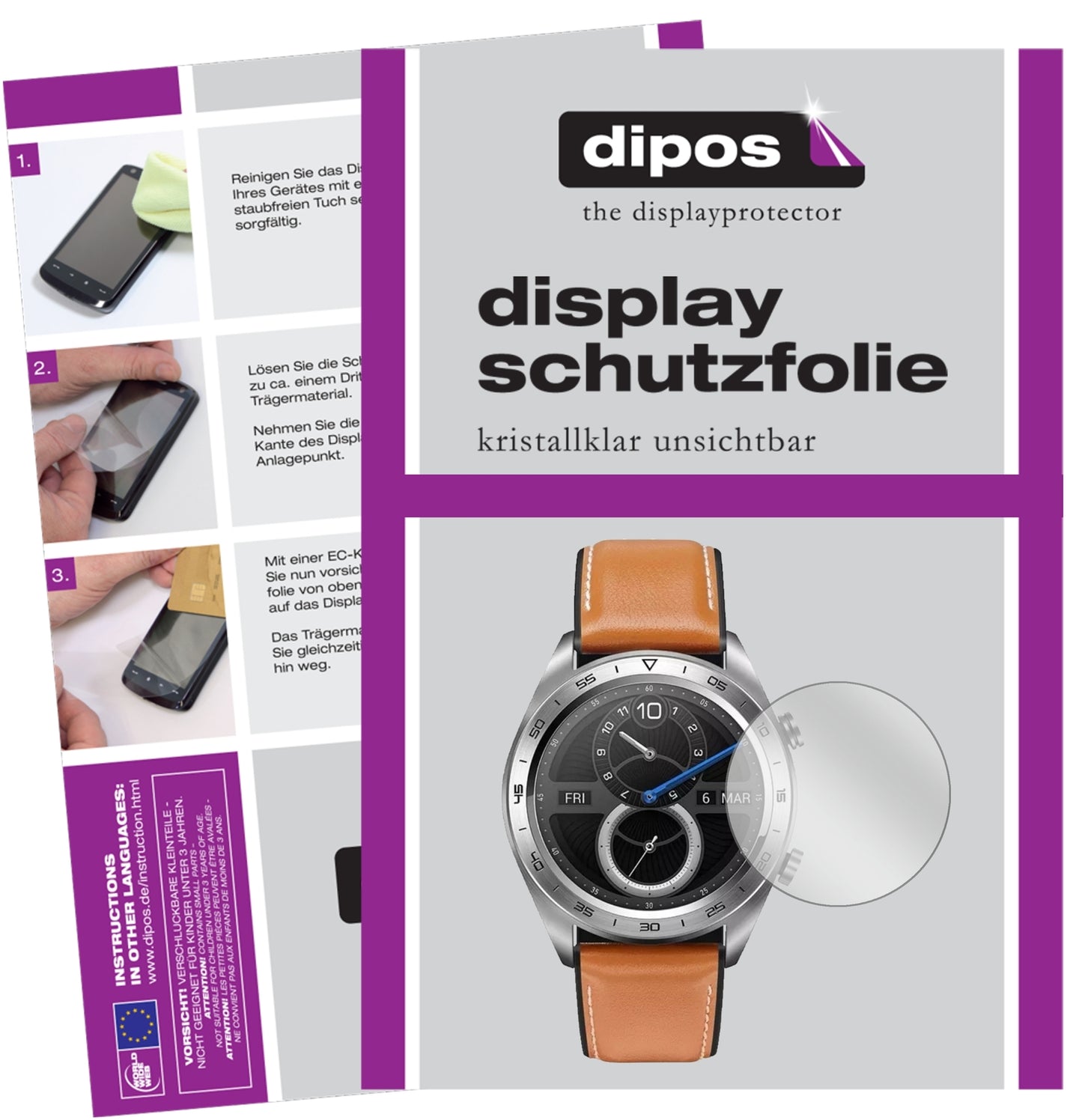 Klare Displayschutzfolie von dipos passend für Honor Watch Magic, präziser Zuschnitt und blasenfrei montiert