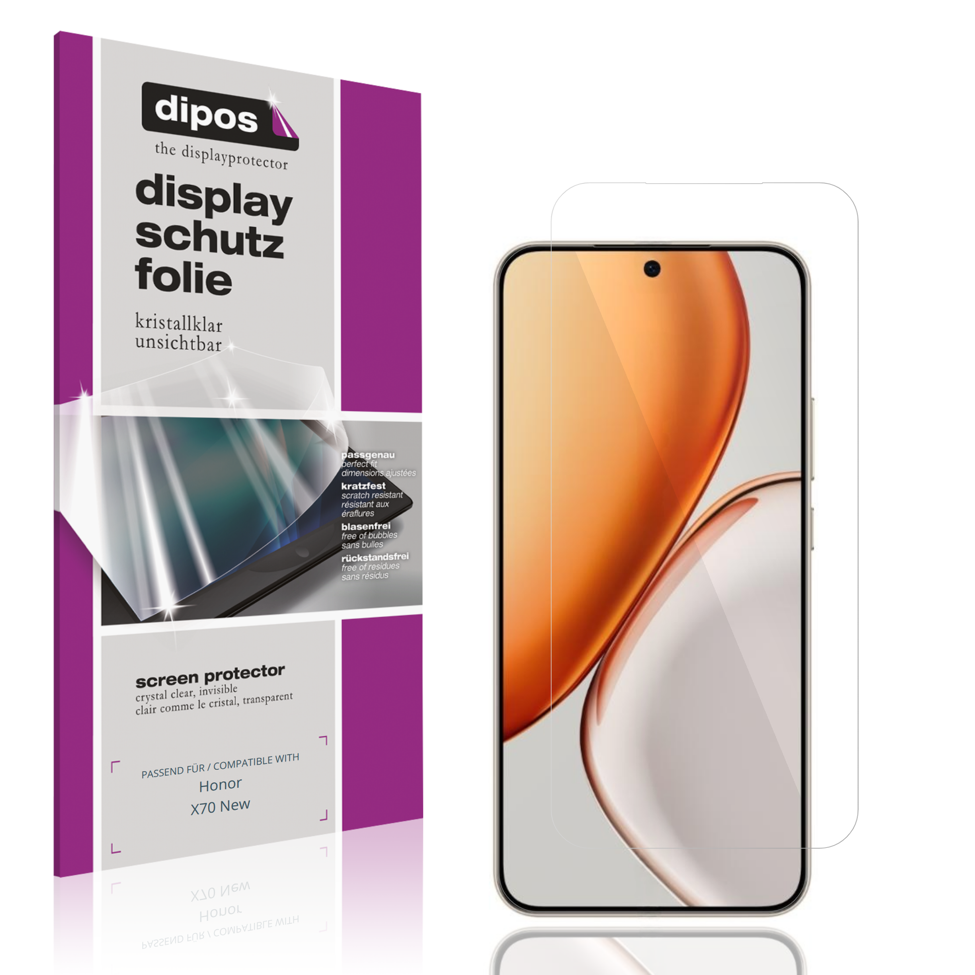 Klare Displayschutzfolie von dipos passend für Honor X70 New, präziser Zuschnitt und blasenfrei montiert