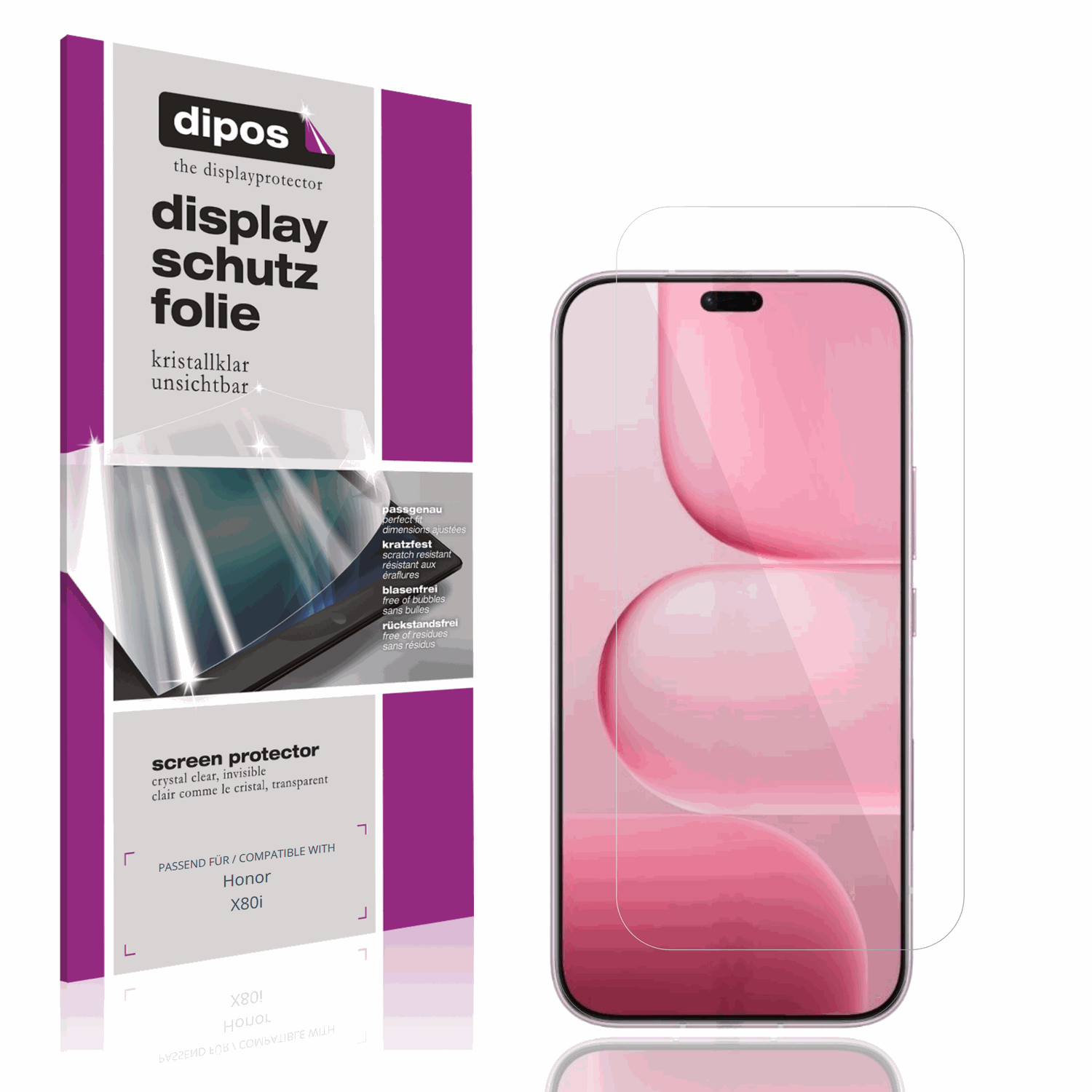 Klare Displayschutzfolie von dipos passend für Honor X80i, präziser Zuschnitt und blasenfrei montiert
