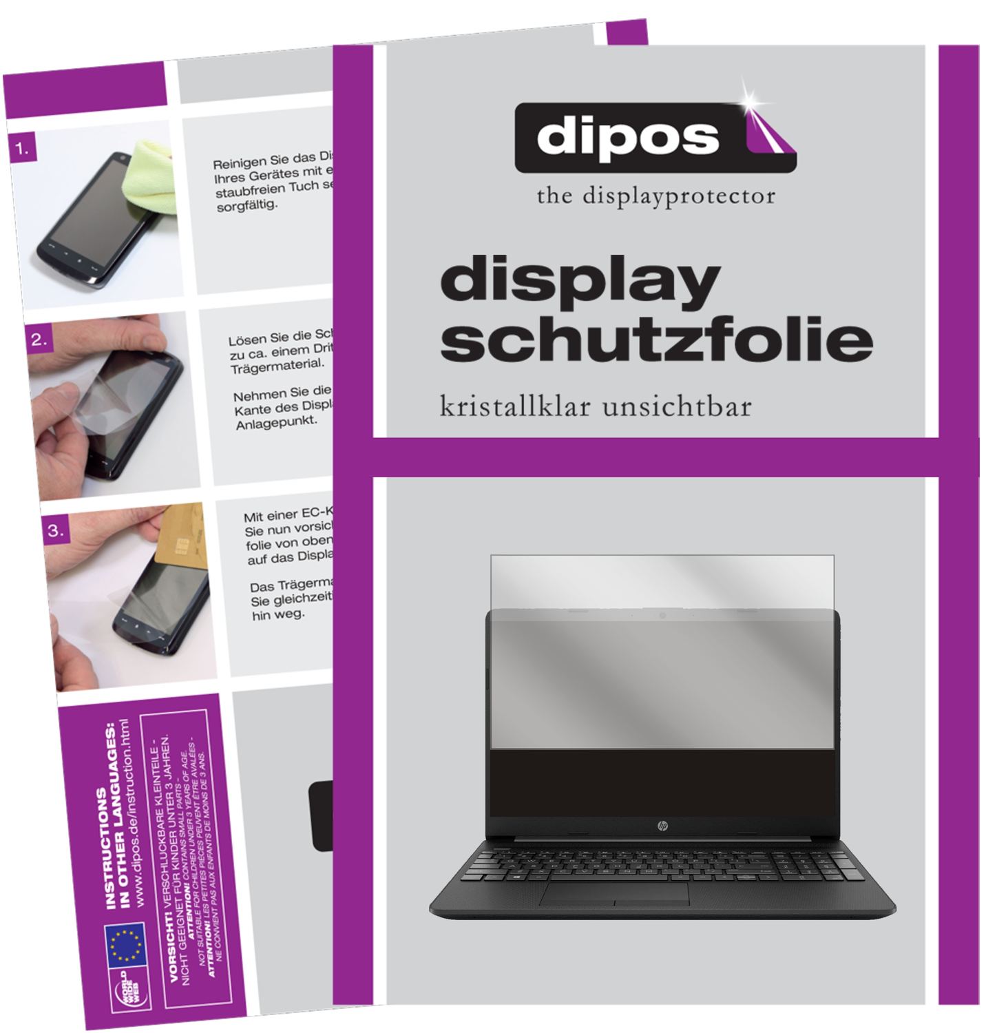 Klare Displayschutzfolie von dipos passend für HP Notebook 15 Zoll gw0542ng, präziser Zuschnitt und blasenfrei montiert