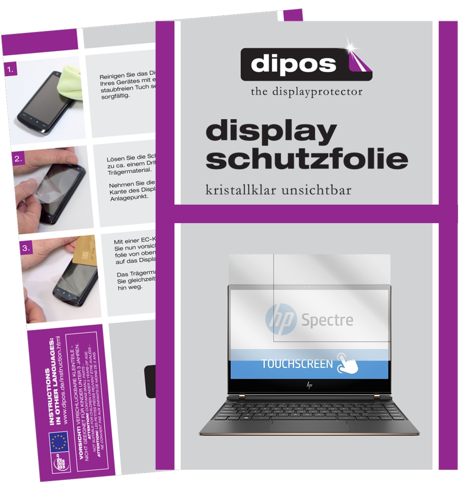 Klare Displayschutzfolie von dipos passend für HP Spectre 13-af033ng, präziser Zuschnitt und blasenfrei montiert