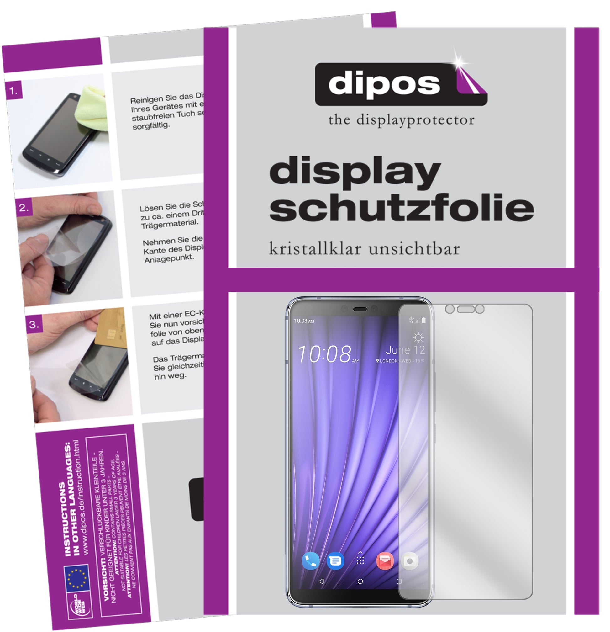 Klare Displayschutzfolie von dipos passend für HTC U19e, präziser Zuschnitt und blasenfrei montiert