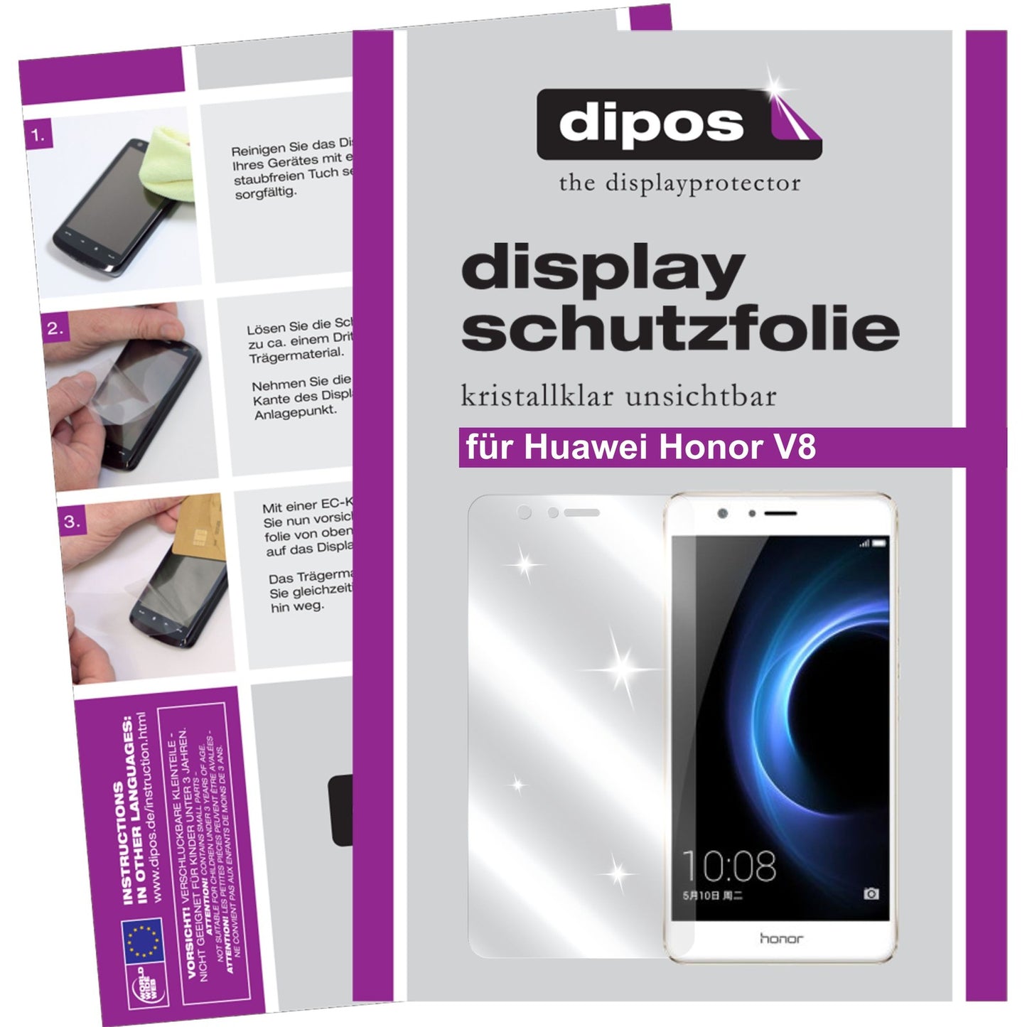 Klare Displayschutzfolie von dipos passend für Huawei Honor V8, präziser Zuschnitt und blasenfrei montiert