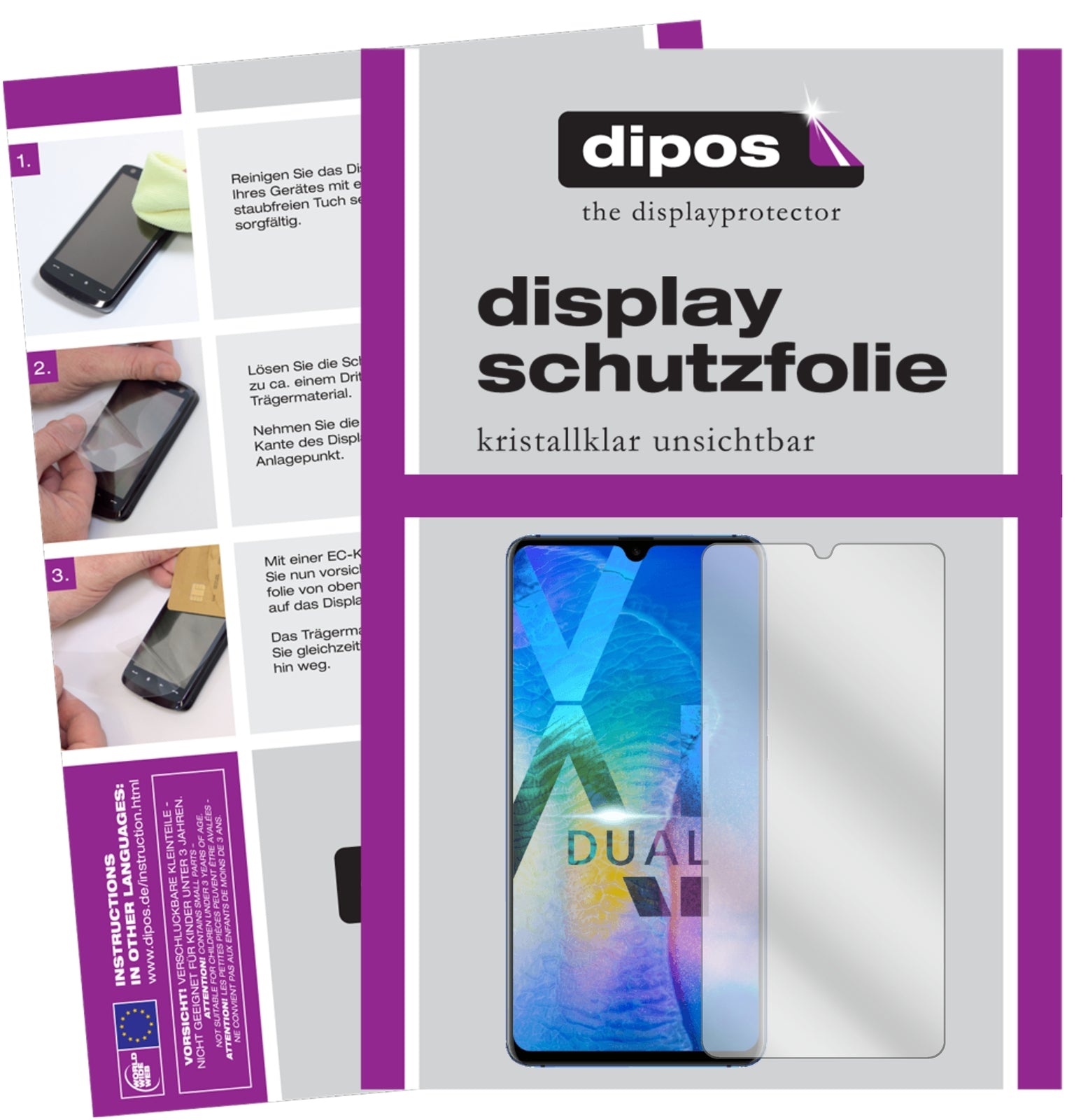 Klare Displayschutzfolie von dipos passend für Huawei Mate 20 X, präziser Zuschnitt und blasenfrei montiert