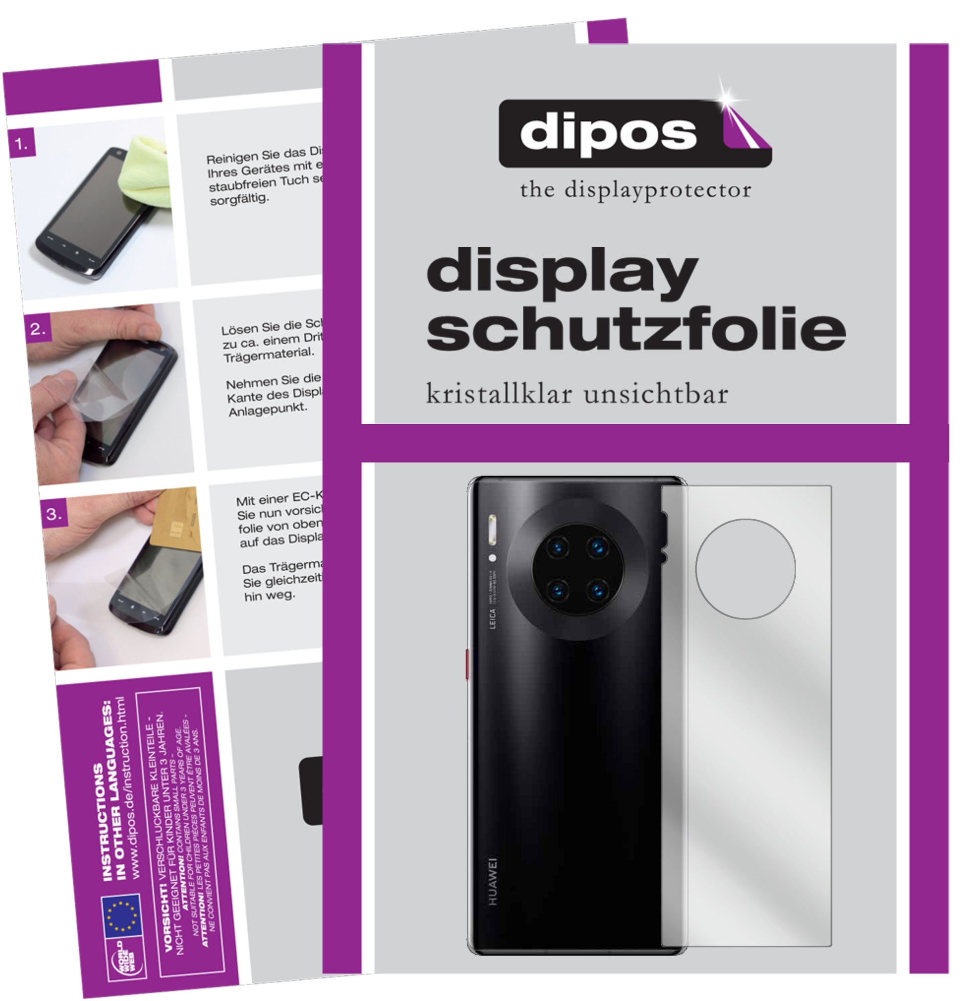 Klare Displayschutzfolie von dipos passend für Huawei Mate 30 Pro Rückseite, präziser Zuschnitt und blasenfrei montiert