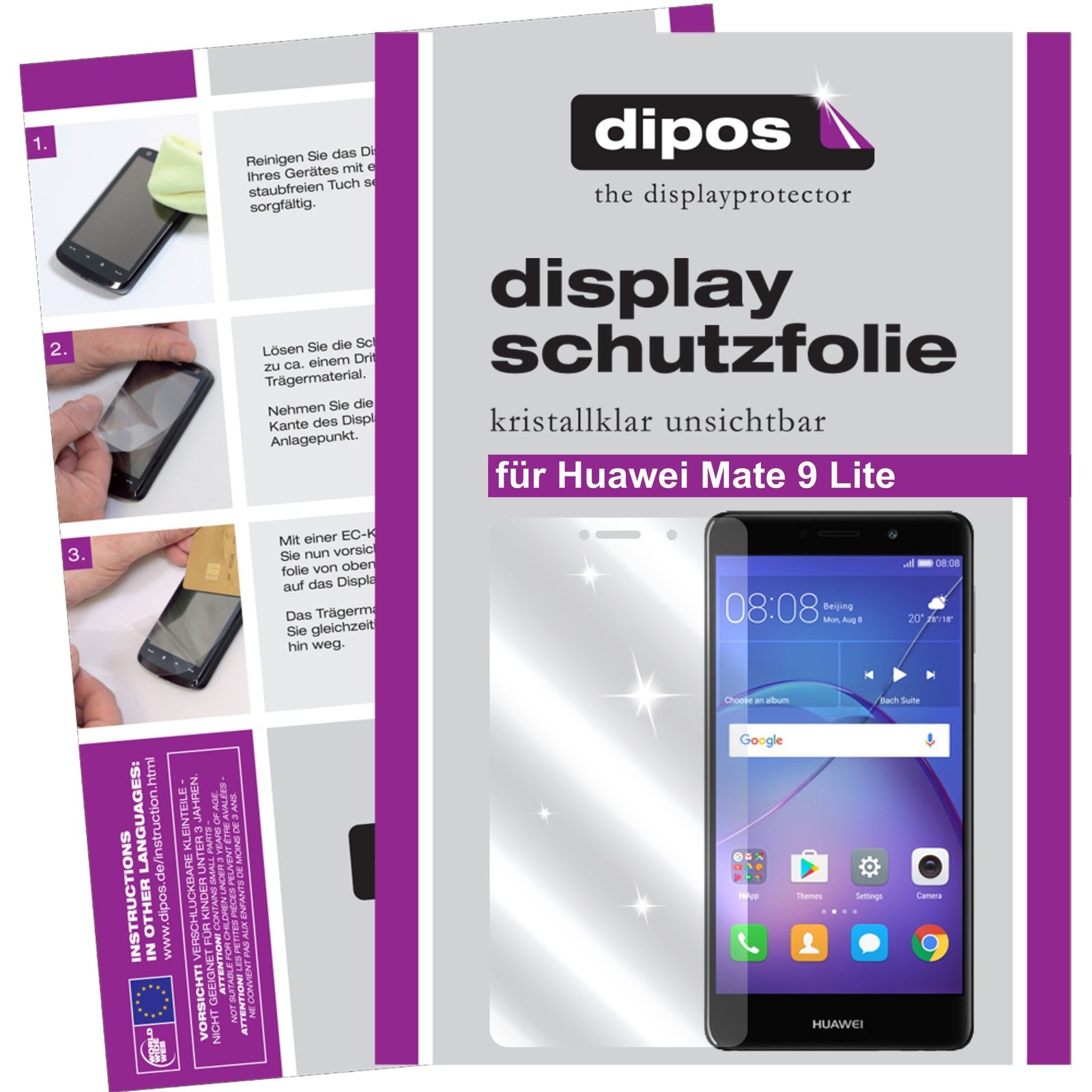 Klare Displayschutzfolie von dipos passend für Huawei Mate 9 Lite, präziser Zuschnitt und blasenfrei montiert
