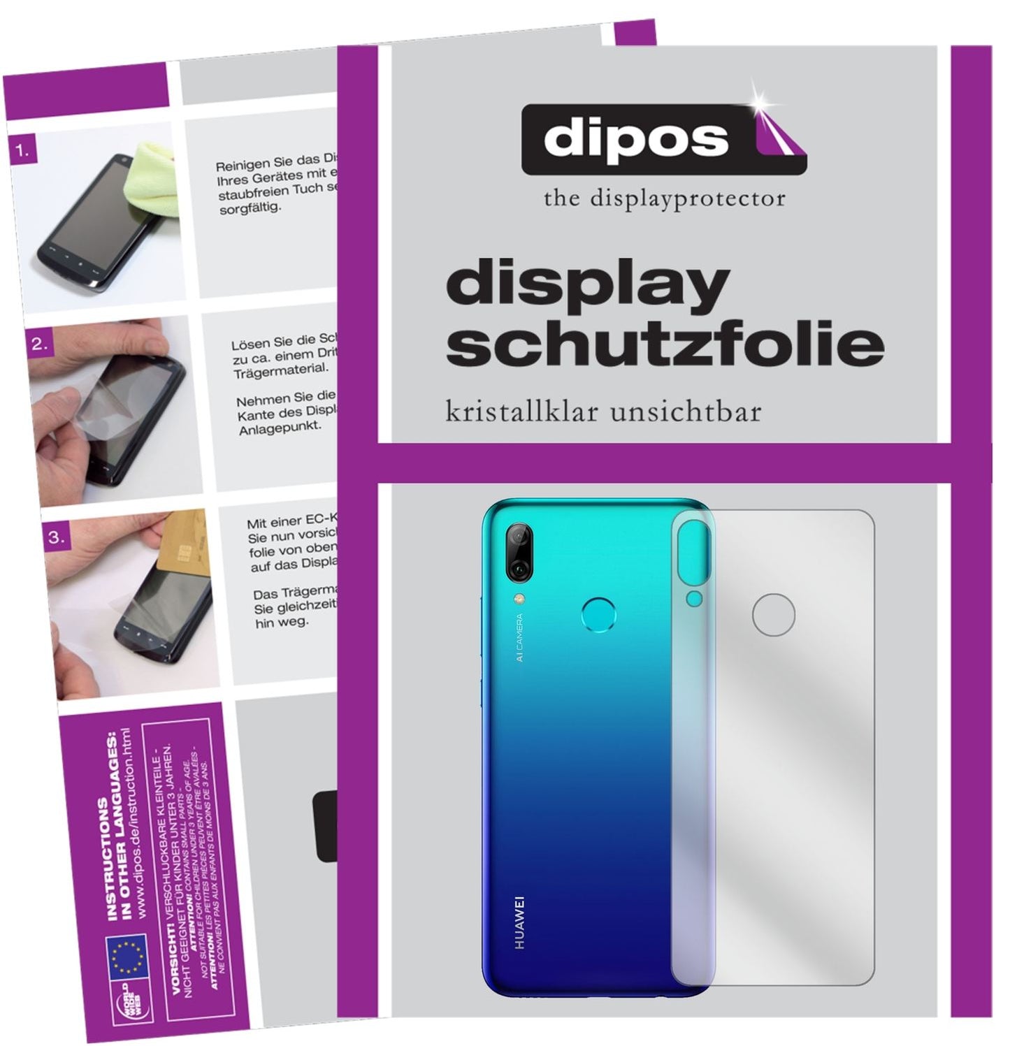 Klare Displayschutzfolie von dipos passend für Huawei P Smart (2019) Rückseite, präziser Zuschnitt und blasenfrei montiert