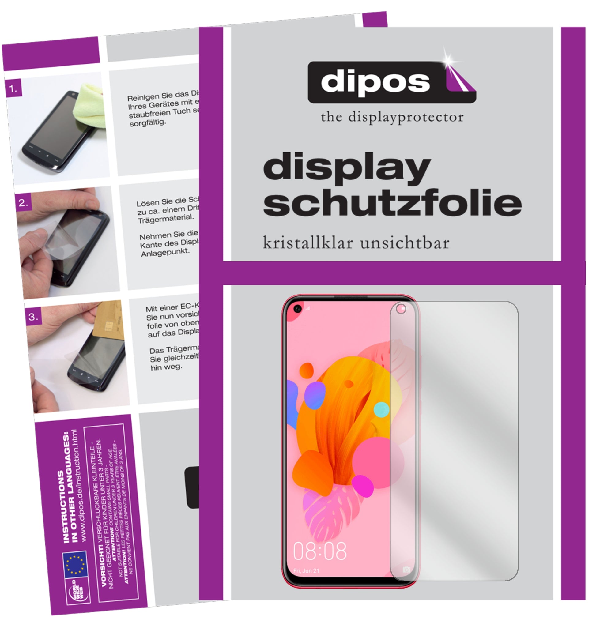 Klare Displayschutzfolie von dipos passend für Huawei P20 lite (2019), präziser Zuschnitt und blasenfrei montiert
