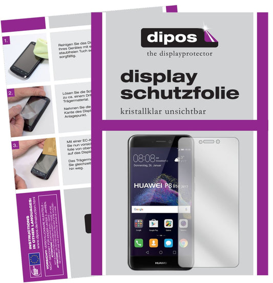 Klare Displayschutzfolie von dipos passend für Huawei P8 Lite2017, präziser Zuschnitt und blasenfrei montiert