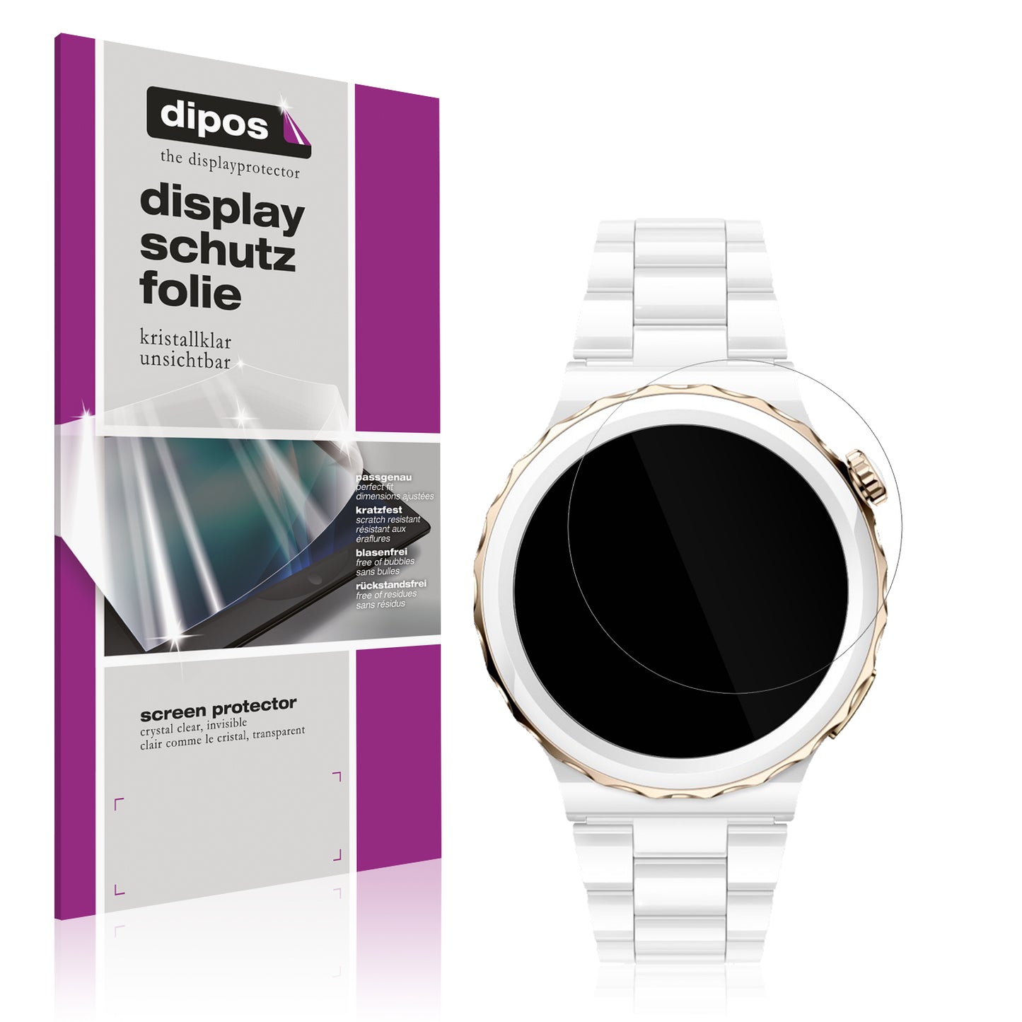 Klare Displayschutzfolie von dipos passend für Huawei Watch GT3 Pro Ceramic (43mm), präziser Zuschnitt und blasenfrei montiert