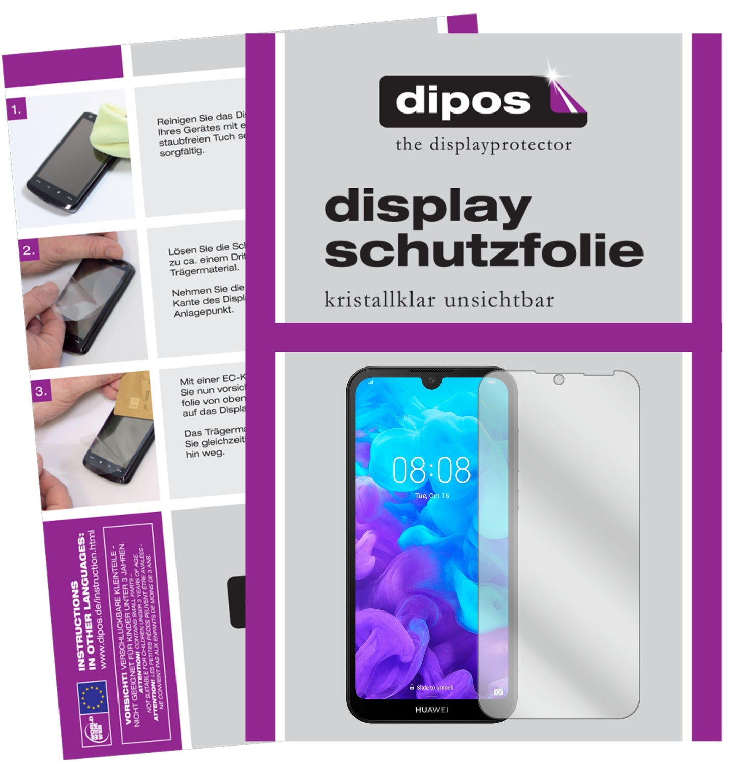 Klare Displayschutzfolie von dipos passend für Huawei Y5 (2019), präziser Zuschnitt und blasenfrei montiert