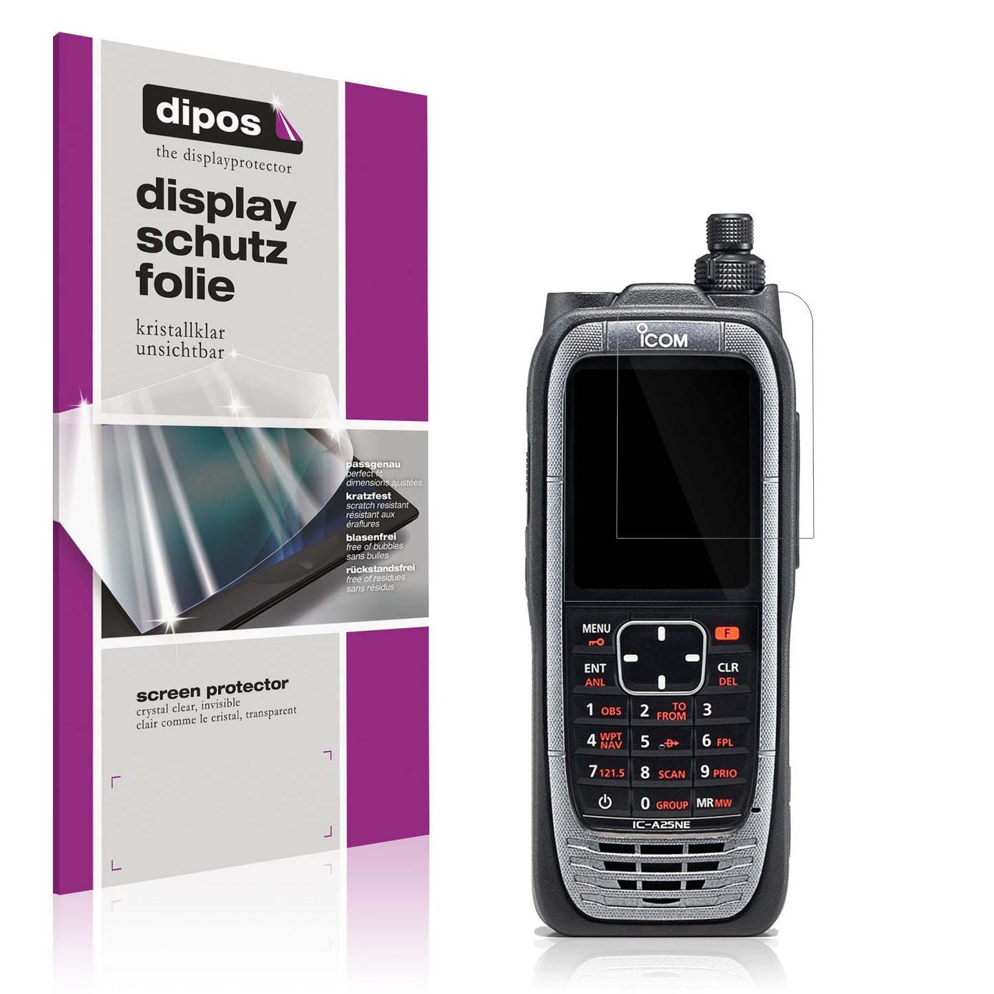 Klare Displayschutzfolie von dipos passend für Icom IC-A25NE, präziser Zuschnitt und blasenfrei montiert