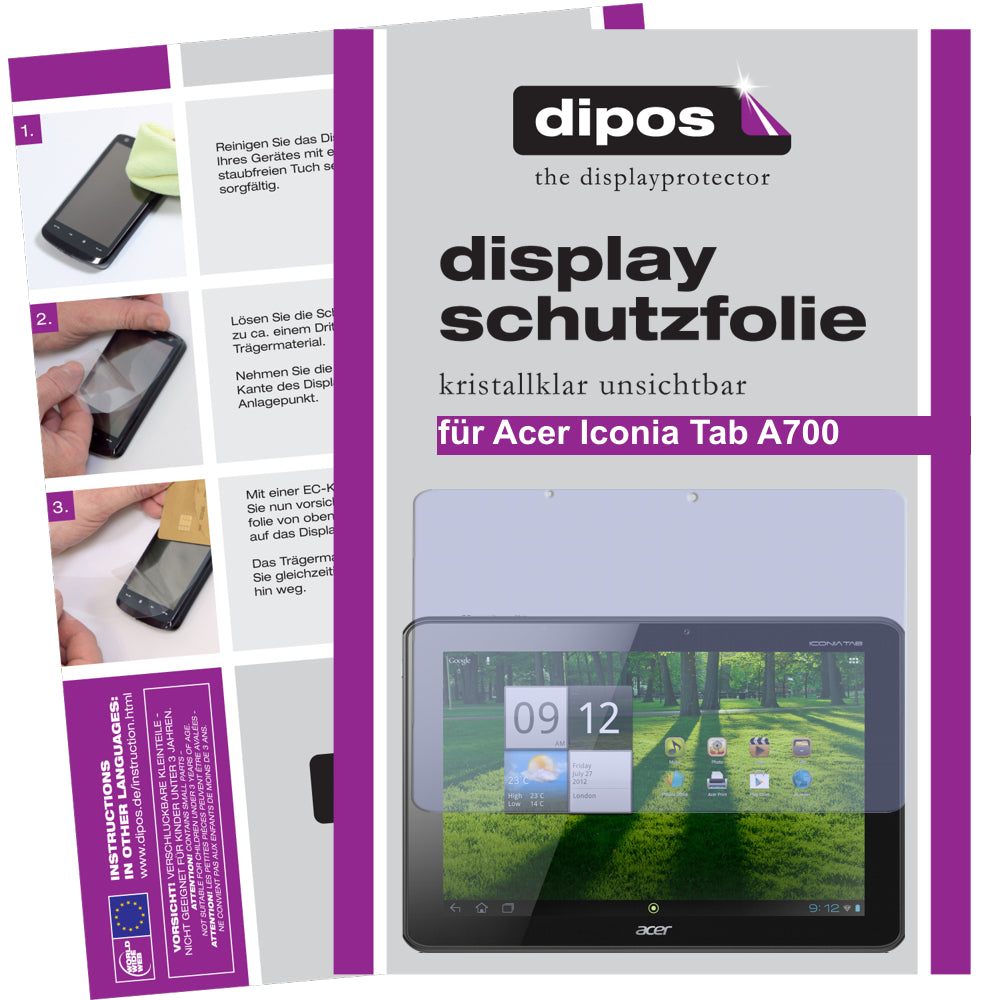 Klare Displayschutzfolie von dipos passend für Iconia Tab A700 Acer, präziser Zuschnitt und blasenfrei montiert