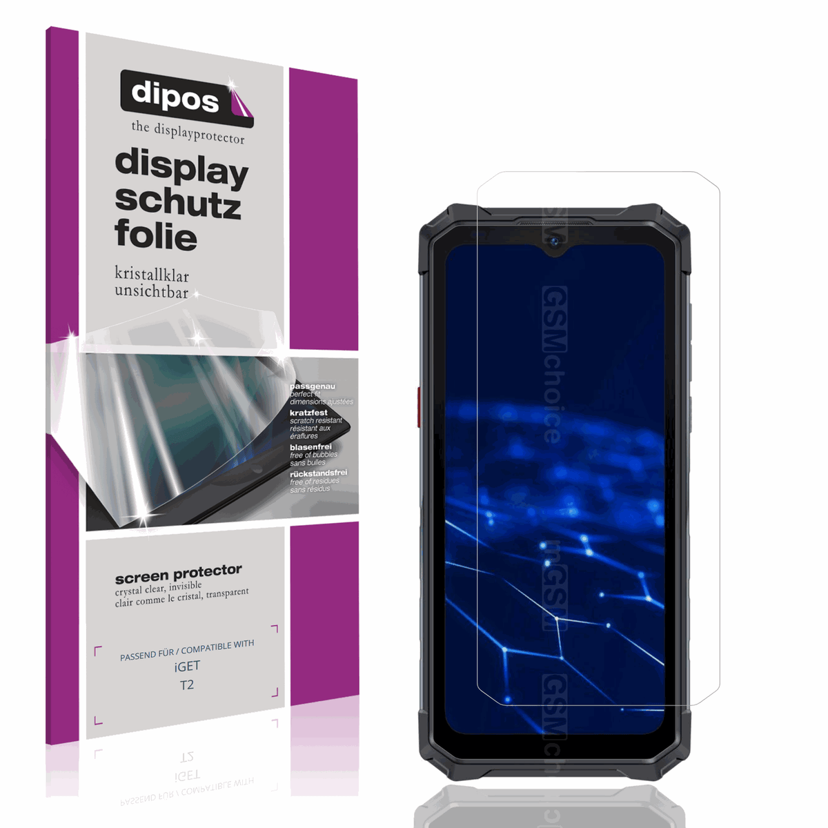 Klare Displayschutzfolie von dipos passend für iGET T2, präziser Zuschnitt und blasenfrei montiert