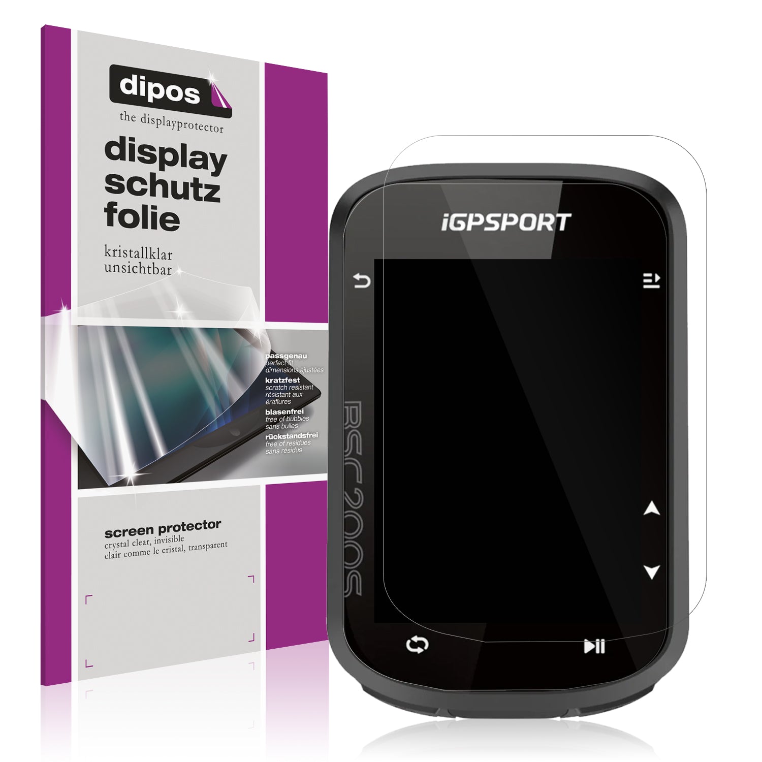 Klare Displayschutzfolie von dipos passend für iGPSport BSC200s, präziser Zuschnitt und blasenfrei montiert