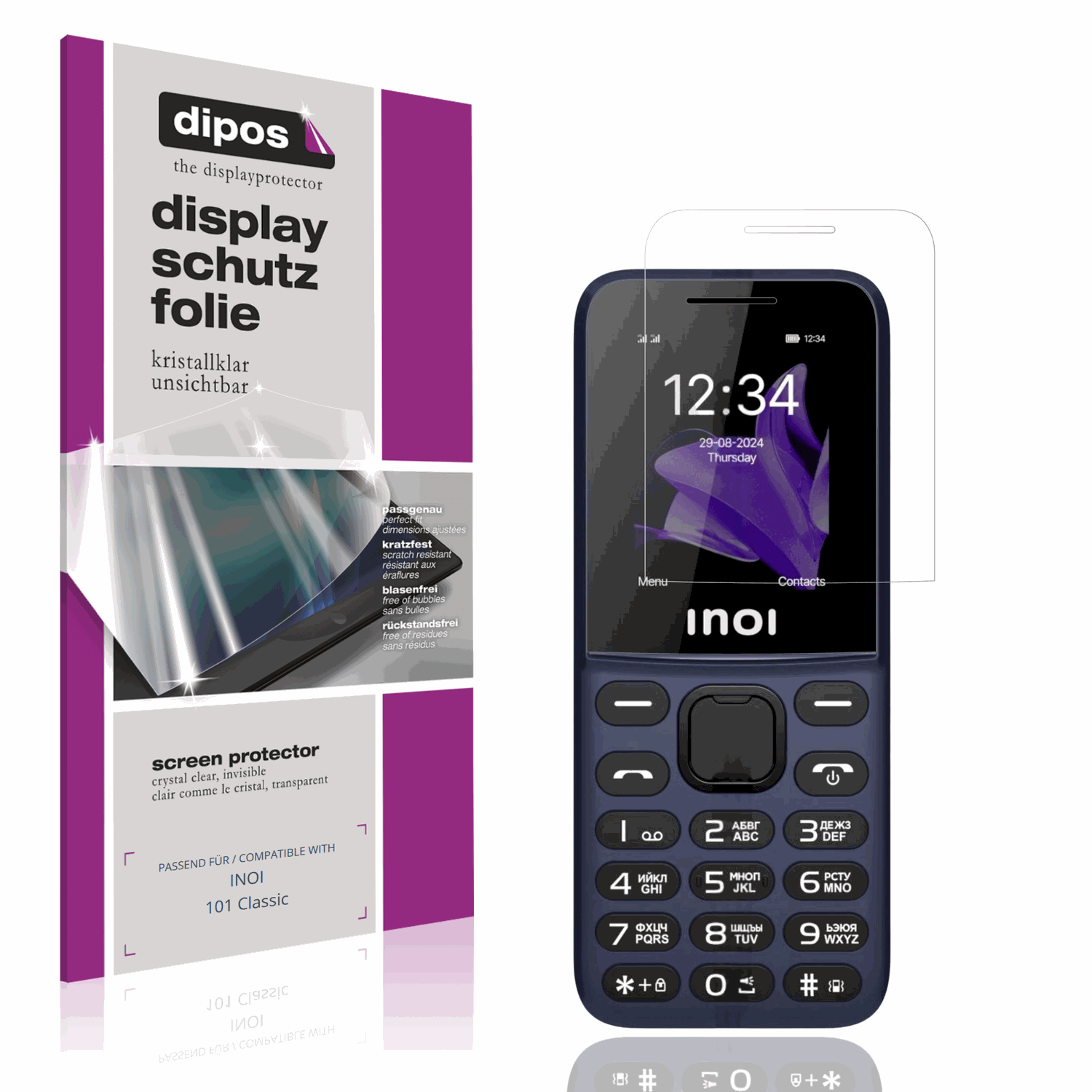Klare Displayschutzfolie von dipos passend für INOI 101 Classic, präziser Zuschnitt und blasenfrei montiert
