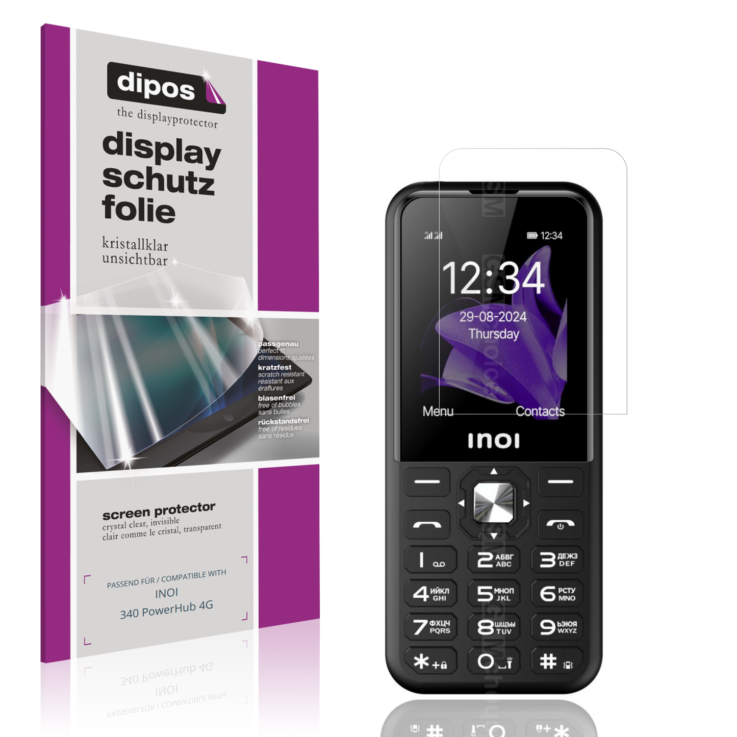 Klare Displayschutzfolie von dipos passend für INOI 340 PowerHub 4G, präziser Zuschnitt und blasenfrei montiert