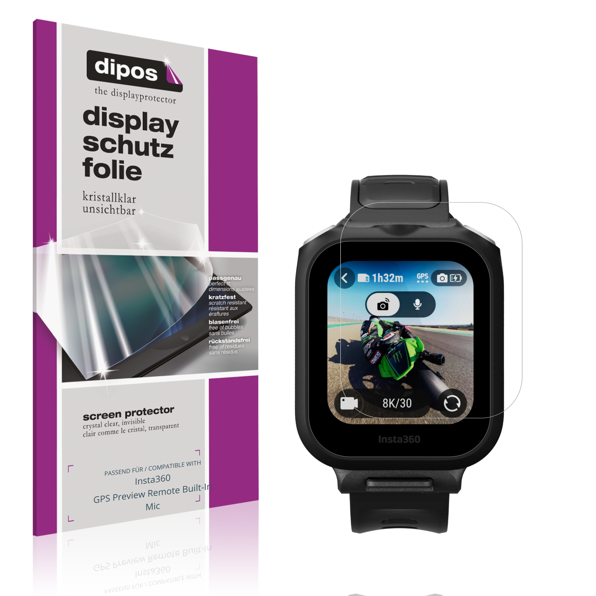 Klare Displayschutzfolie von dipos passend für Insta360 GPS Preview Remote Built-In Mic, präziser Zuschnitt und blasenfrei montiert