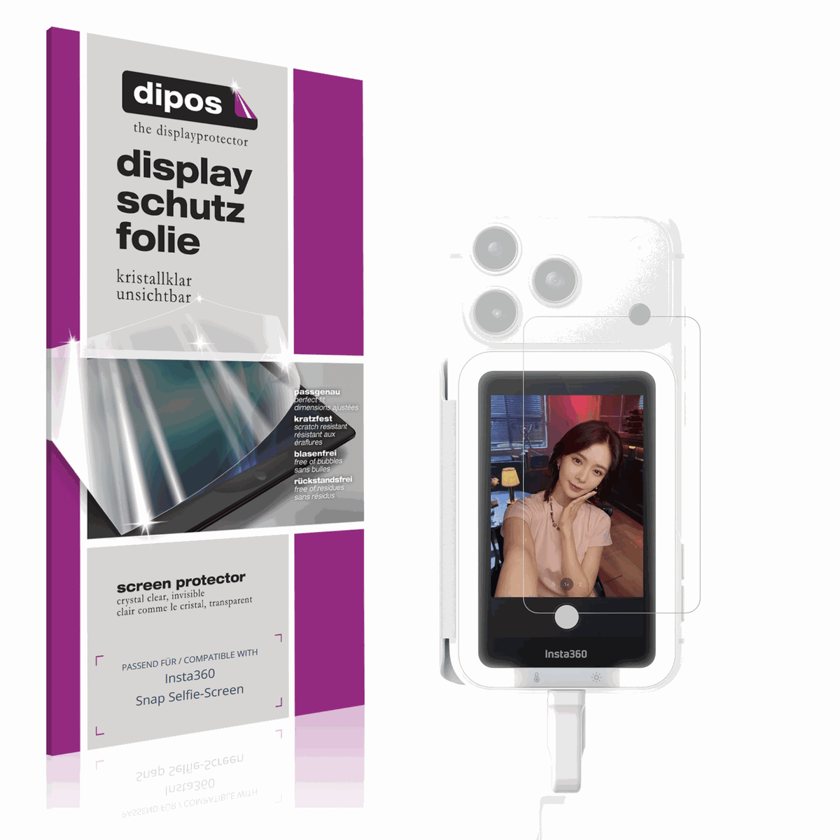 Klare Displayschutzfolie von dipos passend für Insta360 Snap Selfie-Screen, präziser Zuschnitt und blasenfrei montiert